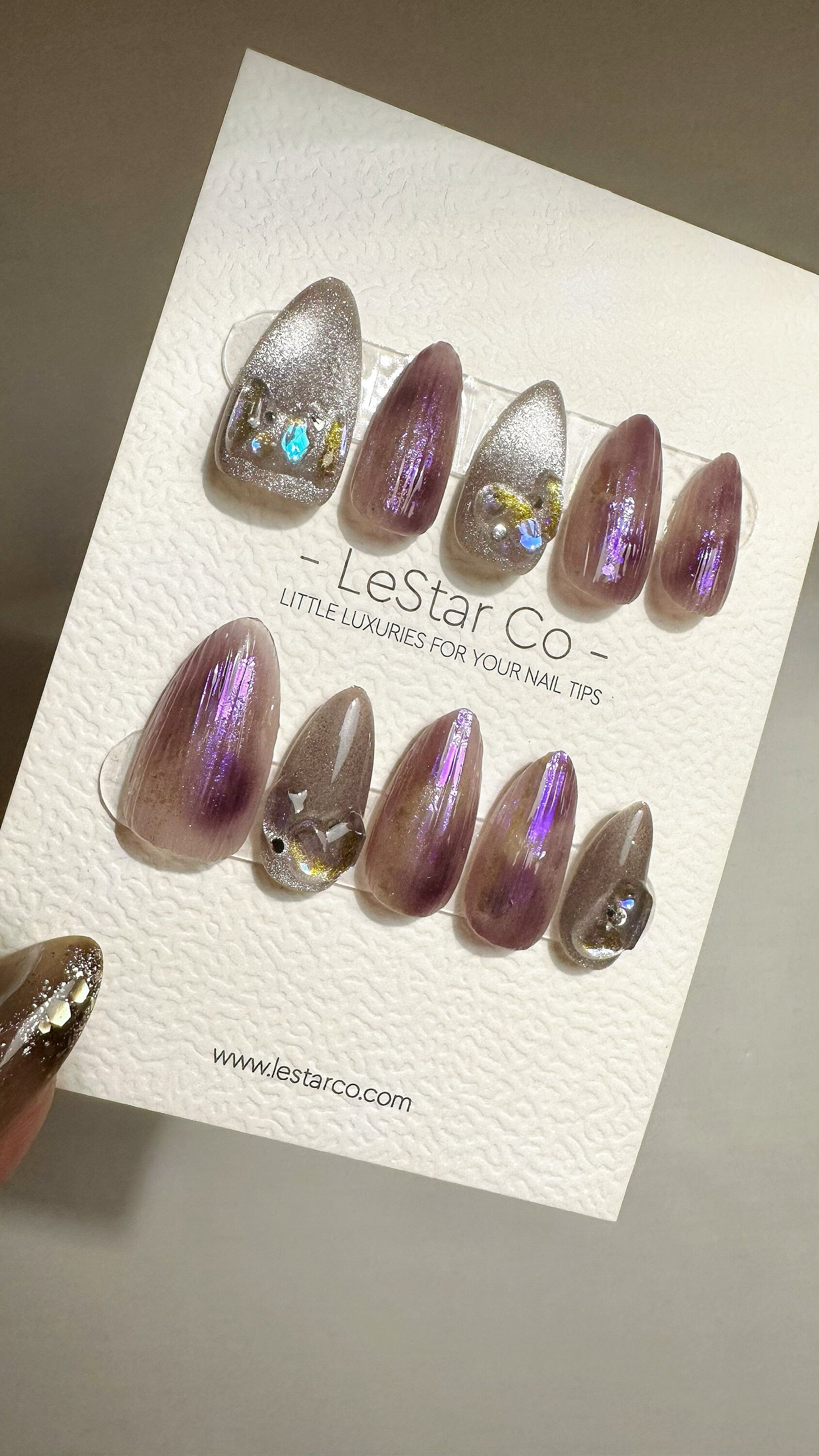 Reusable Mystic Amethyst Glow | Premium Press on Nails Gel Hand Painted Pressons Customizable Gel Nail faux nails QN757