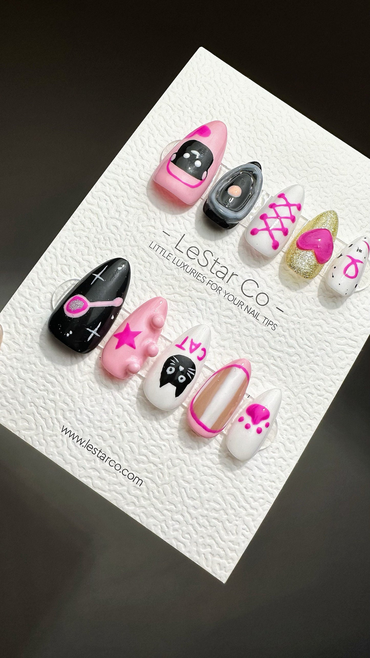 Reusable Black Pink Kitty Robot | Premium Press on Nails Gel Manicure | Fake Nails | Handmade | Artificial nails YR764