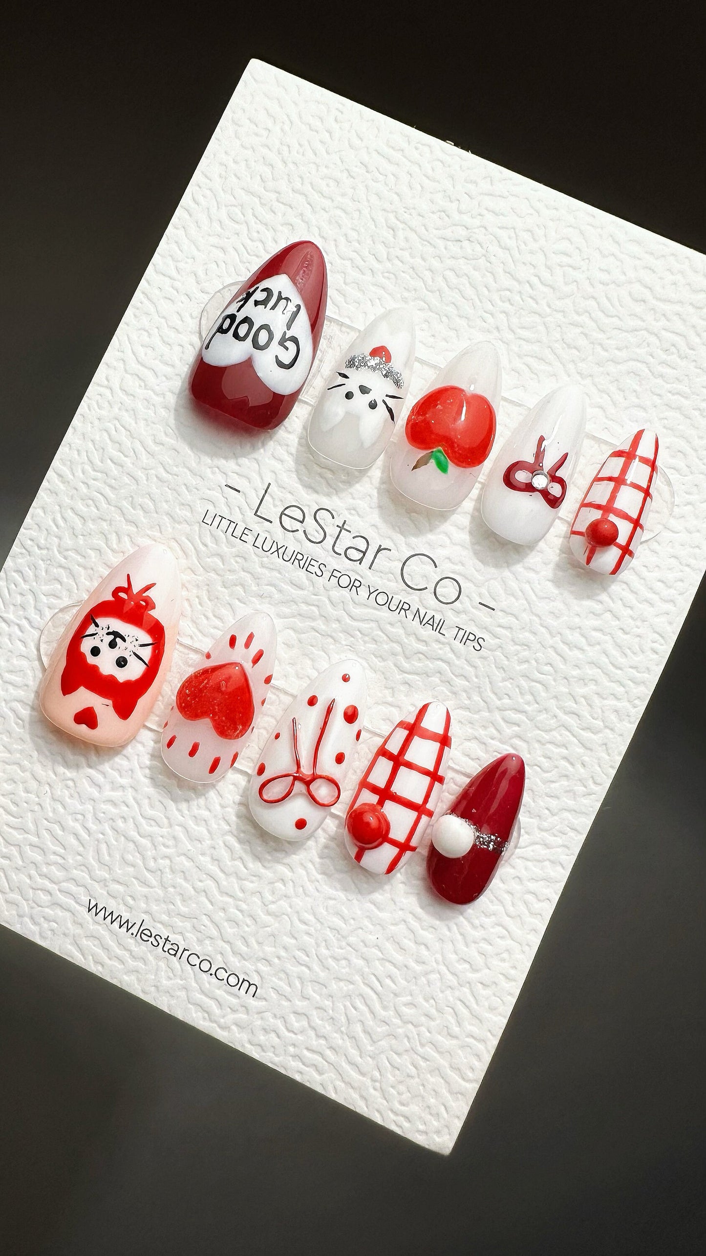 Reusable Good Luck Apple Kitty Cat | Premium Press on Nails Gel Manicure | Fake Nails | Handmade | Artificial nails YR765