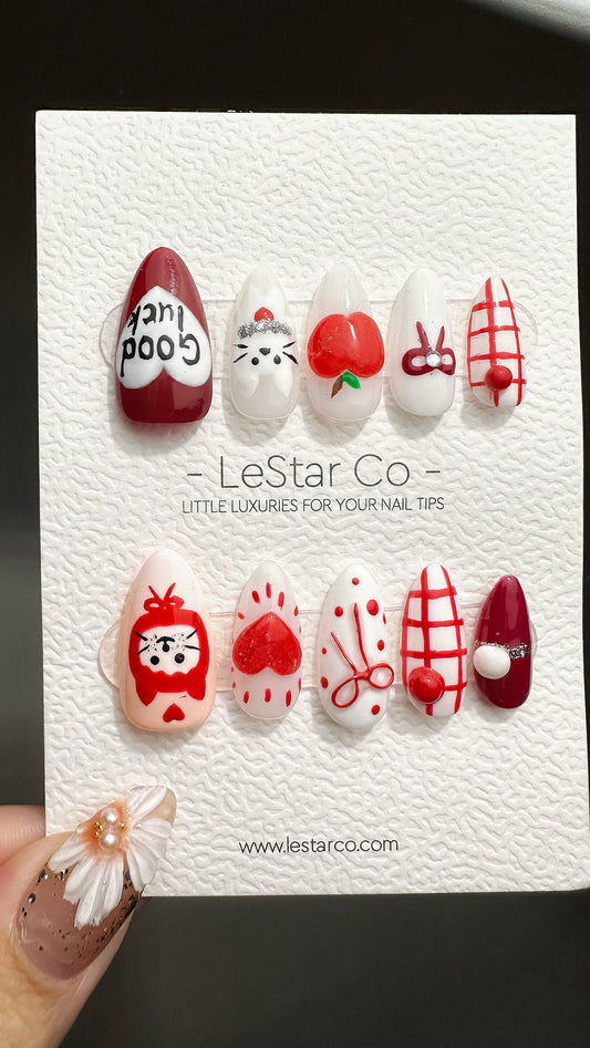 Reusable Good Luck Apple Kitty Cat | Premium Press on Nails Gel Manicure | Fake Nails | Handmade | Artificial nails YR765