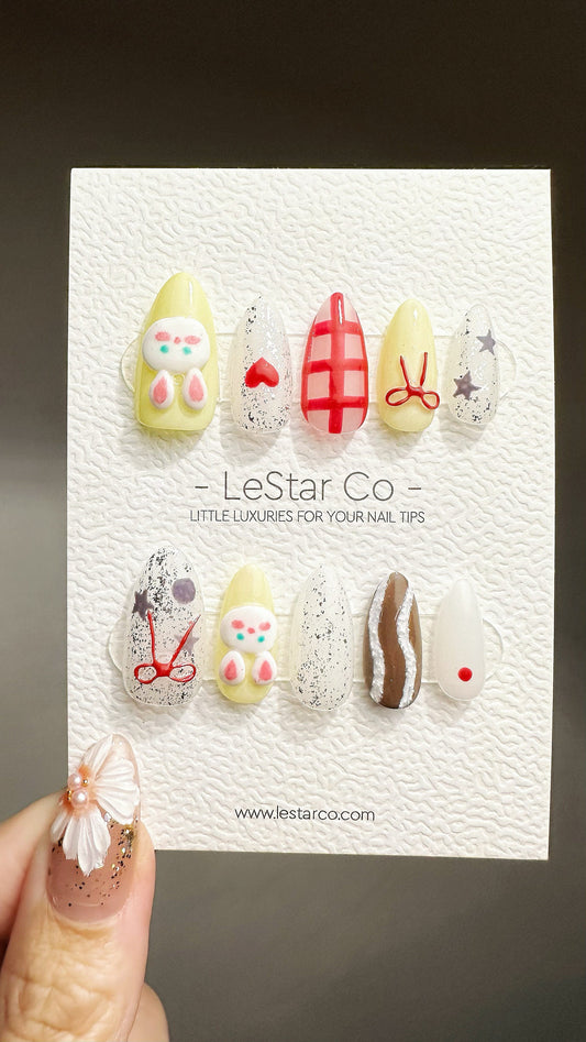 Reusable 3D Cute Bunny Ribbon | Premium Press on Nails Gel Manicure | Fake Nails | Handmade | Artificial nails YR768