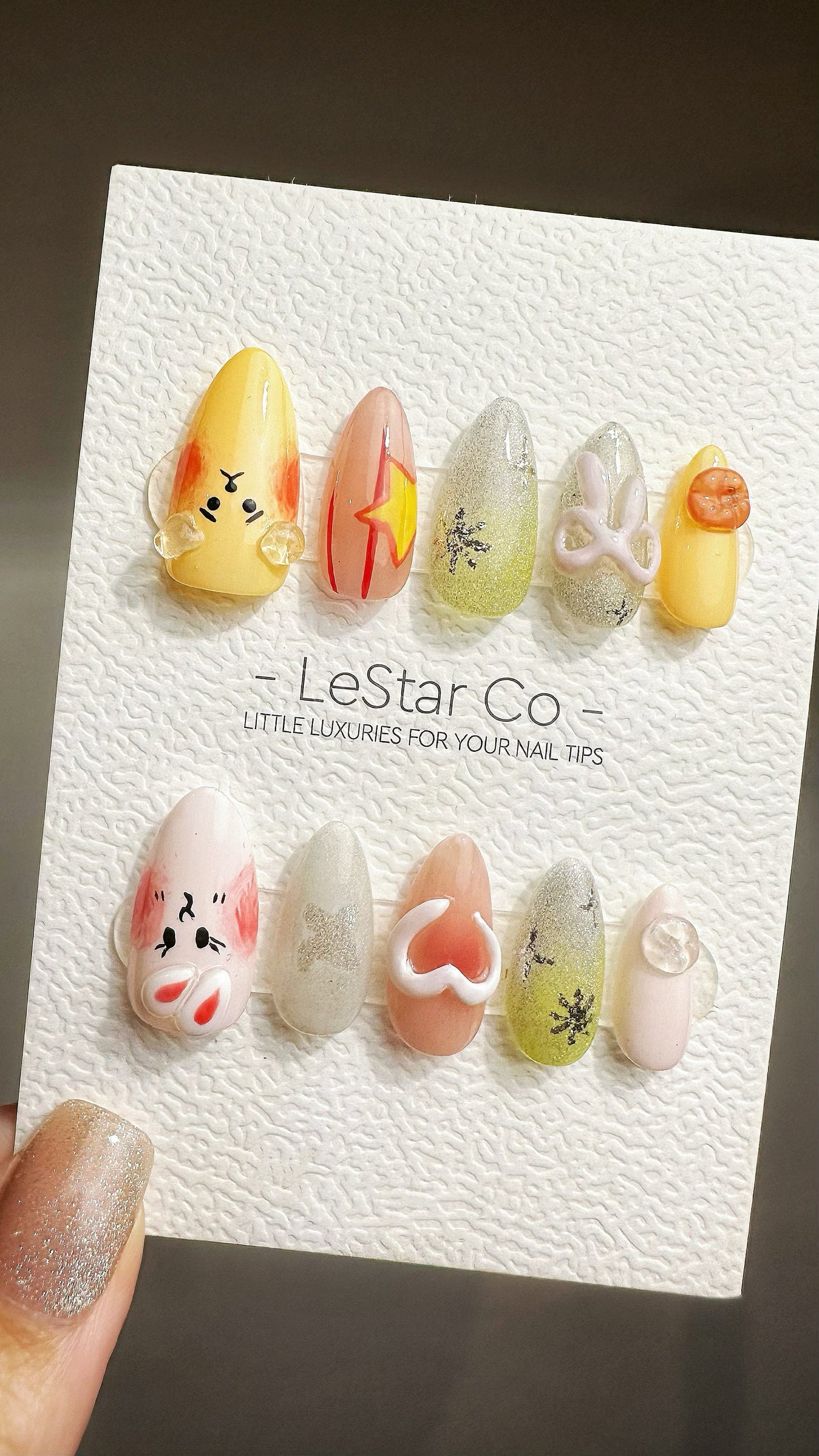 Reusable Playful Bunny Bear Frends| Premium Press on Nails Gel Hand Painted Pressons Customizable Gel Nail Artist faux nails YR775