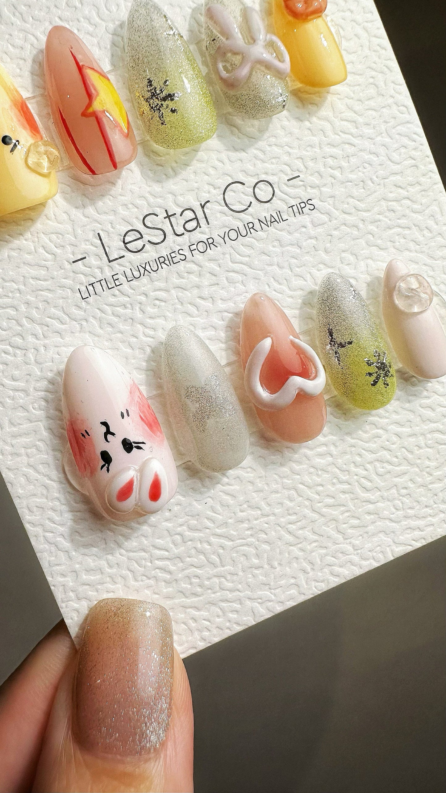 Reusable Playful Bunny Bear Frends| Premium Press on Nails Gel Hand Painted Pressons Customizable Gel Nail Artist faux nails YR775