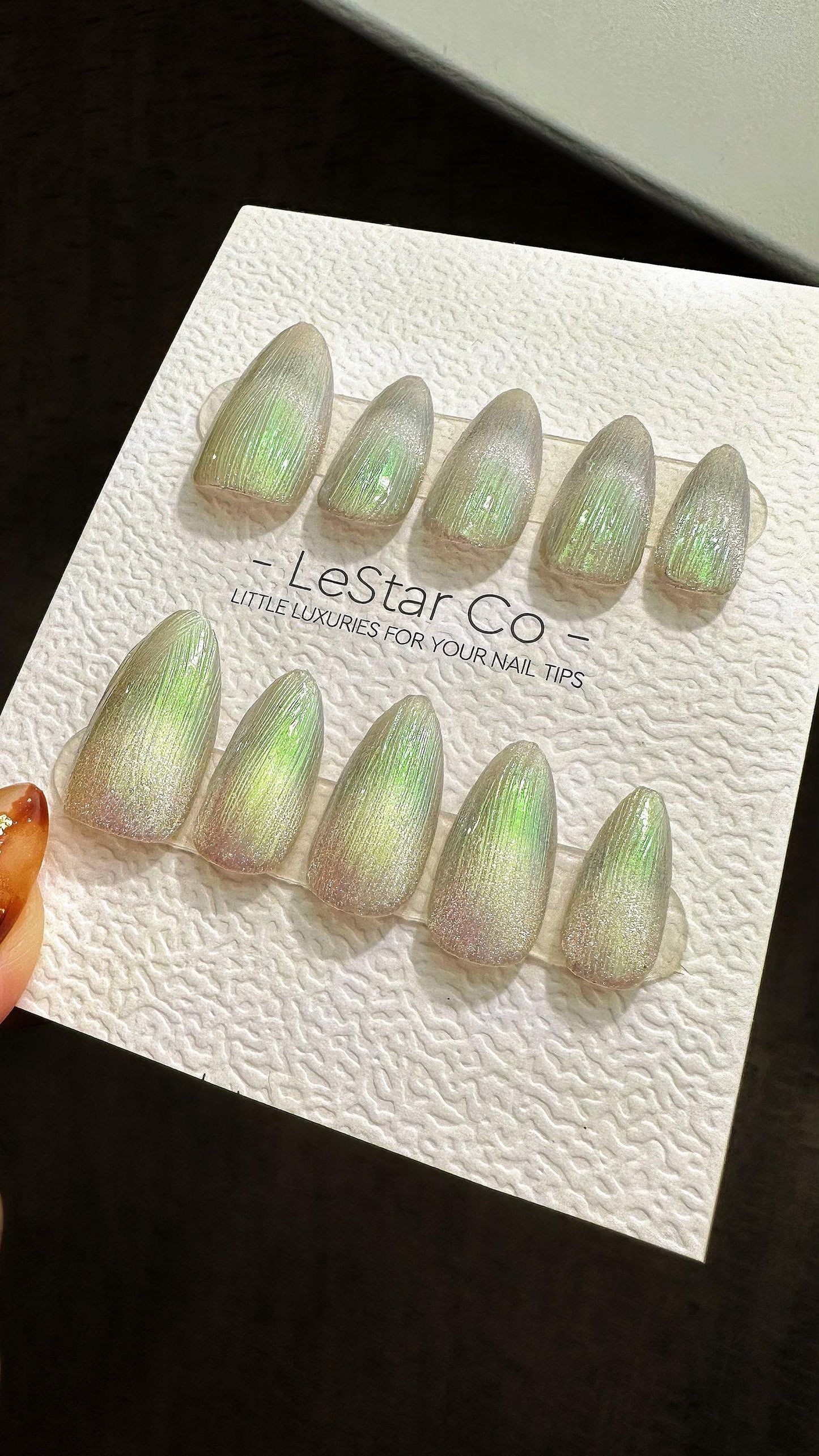 Reusable Green Iridescent Dream | Premium Press on Nails Gel Hand Painted Pressons Customizable Gel Nail Artist faux nails ML803