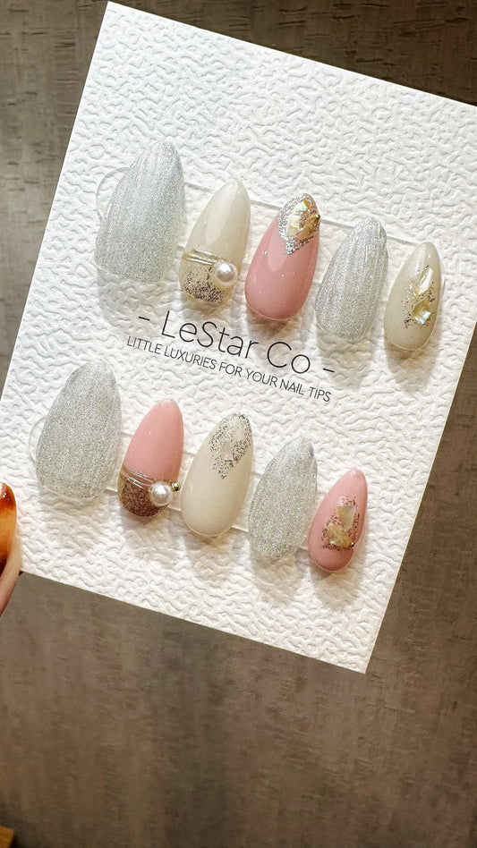 Reusable Pearl Rose Cat Eye Effect | Premium Press on Nails Gel Hand Painted Pressons Customizable Gel Nail Artist faux nails ML806