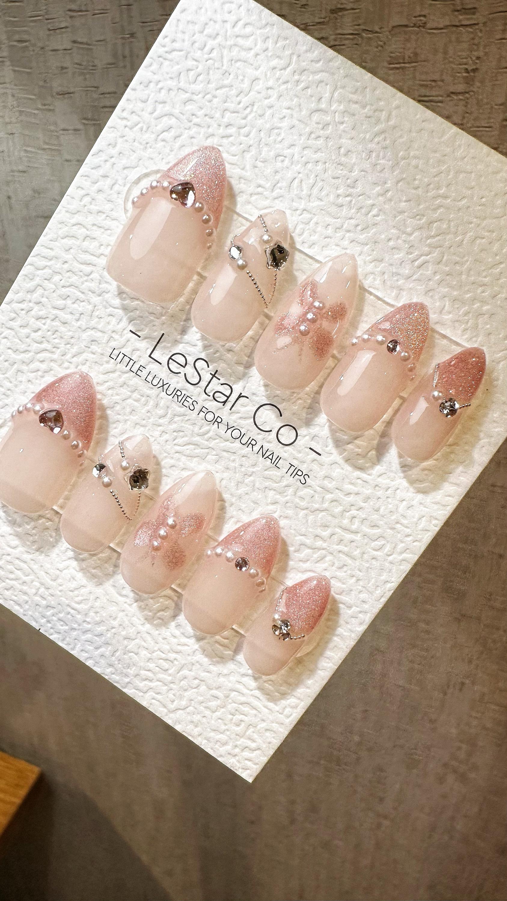 Reusable Sparkling Blushing Cat Eye Effect French Tip| Premium Press on Nails Gel Hand Painted Pressons Customizable Gel Nail ML809