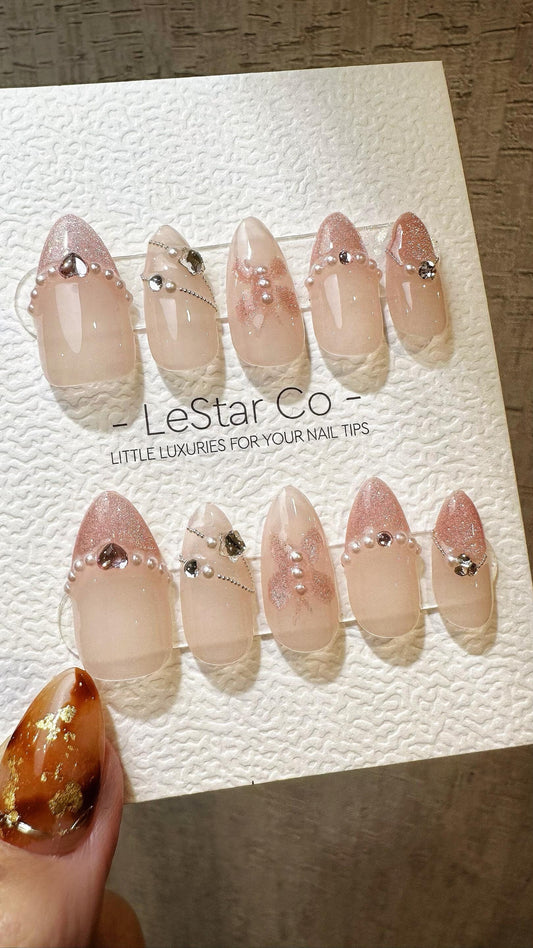 Reusable Sparkling Blushing Cat Eye Effect French Tip| Premium Press on Nails Gel Hand Painted Pressons Customizable Gel Nail ML809