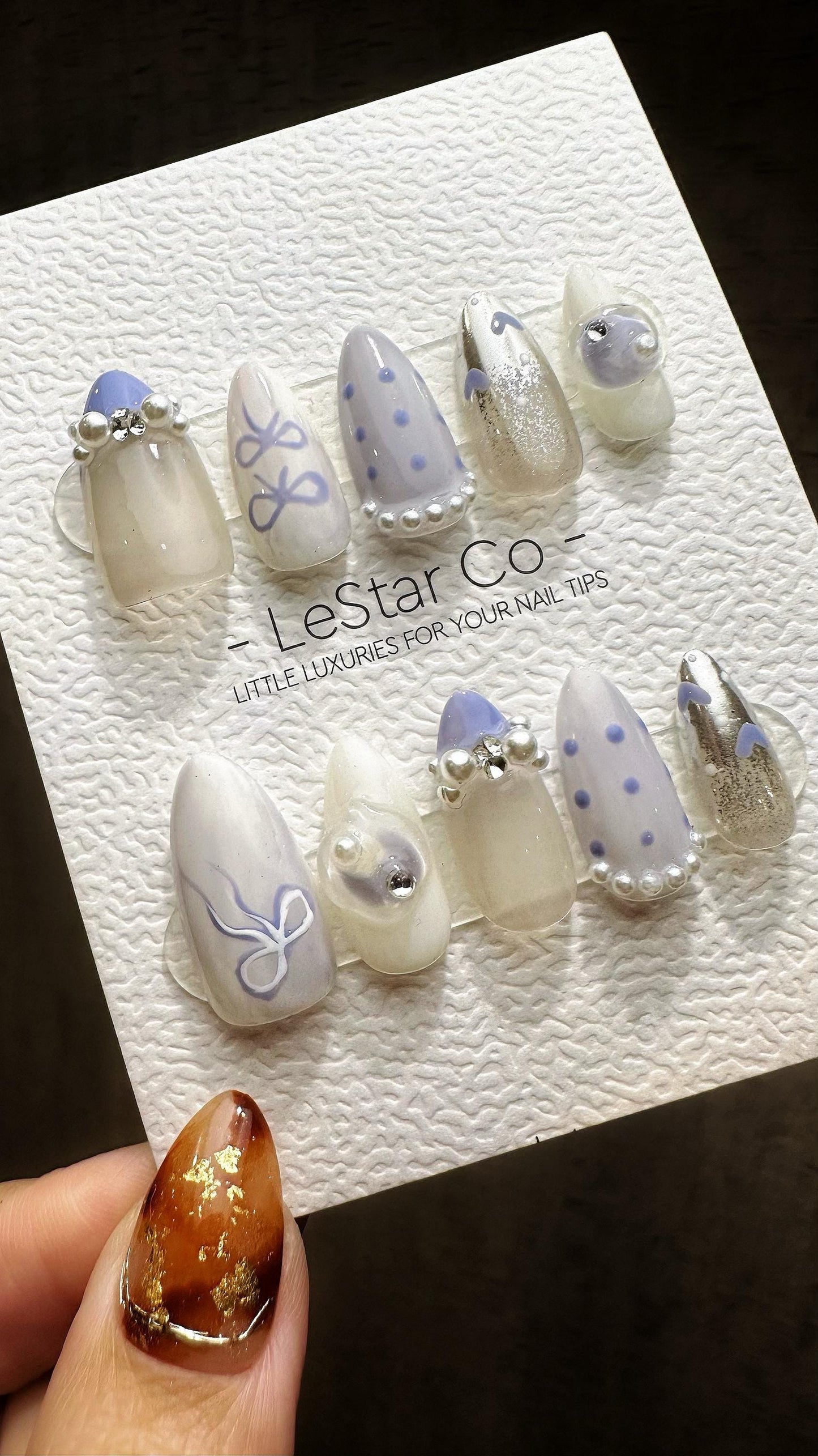 Reusable Lavender Bow Bubbles| Premium Press on Nails Gel Hand Painted Pressons Customizable Gel Nail Artist faux nails TMR815