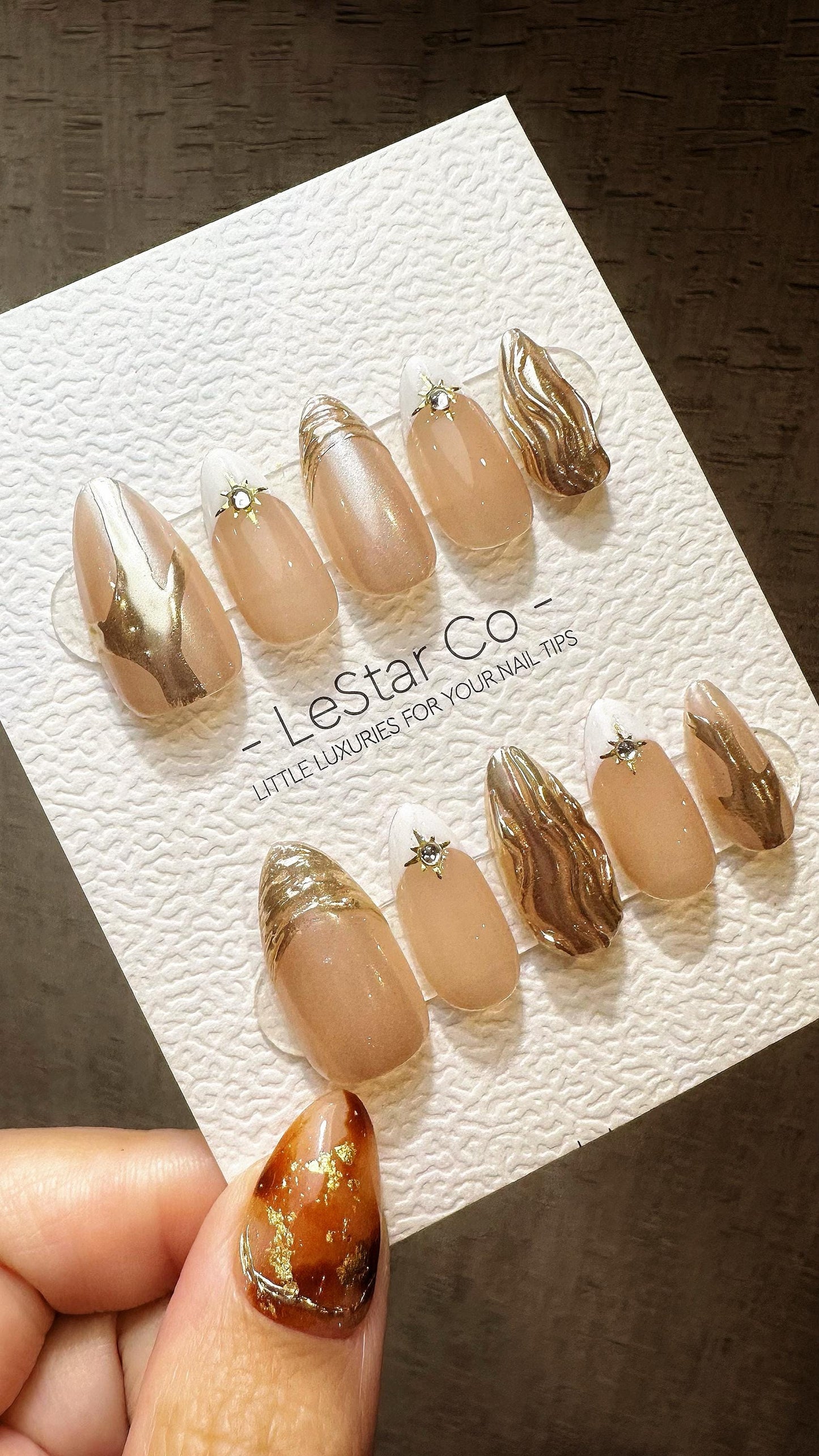 Reusable Golden Mirage| Premium Press on Nails Gel Hand Painted Pressons Customizable Gel Nail Artist faux nails TMR816