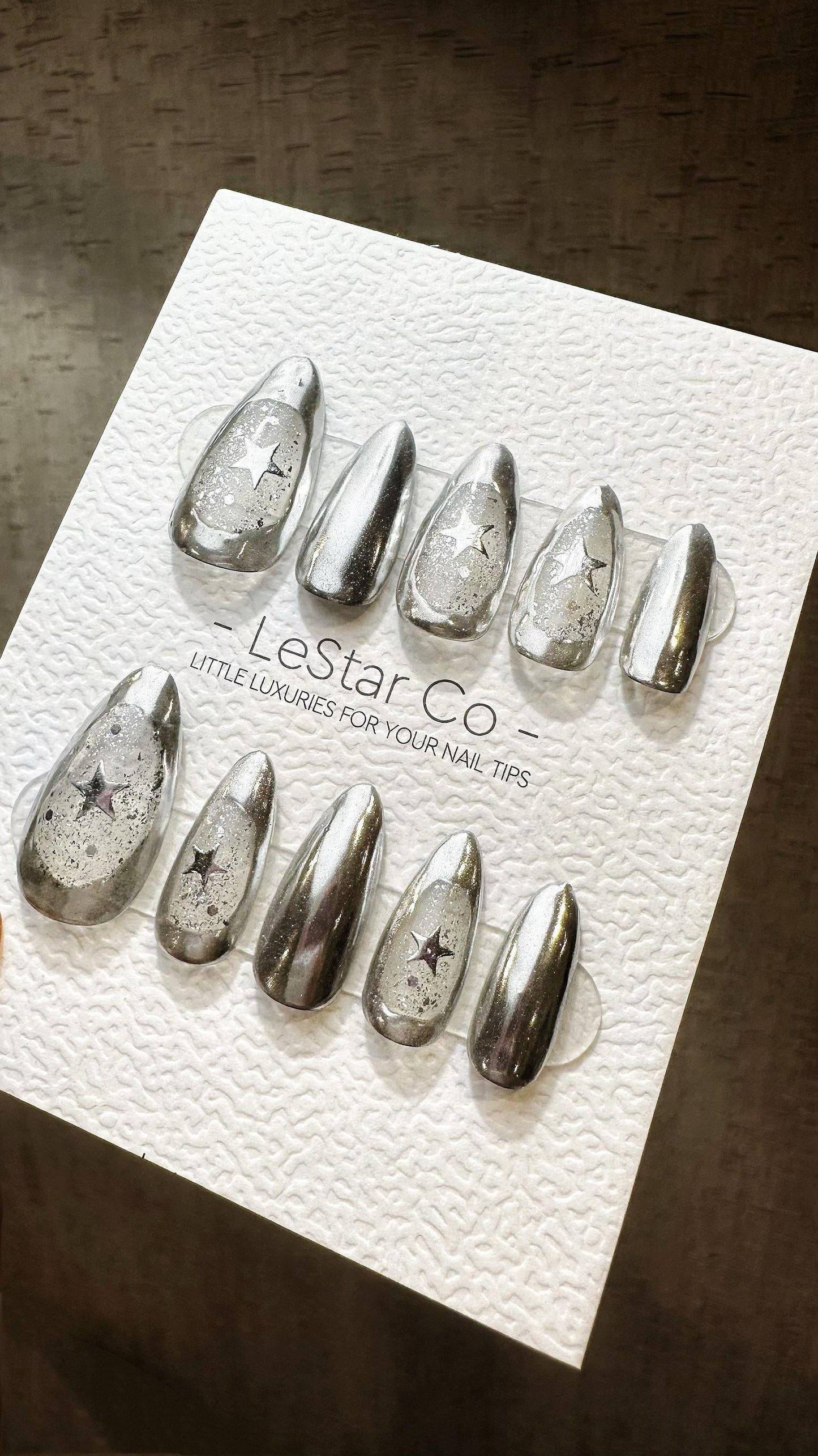 Reusable Metallic Silver Super Star| Premium Press on Nails Gel Hand Painted Pressons Customizable Gel Nail Artist faux nails WY821