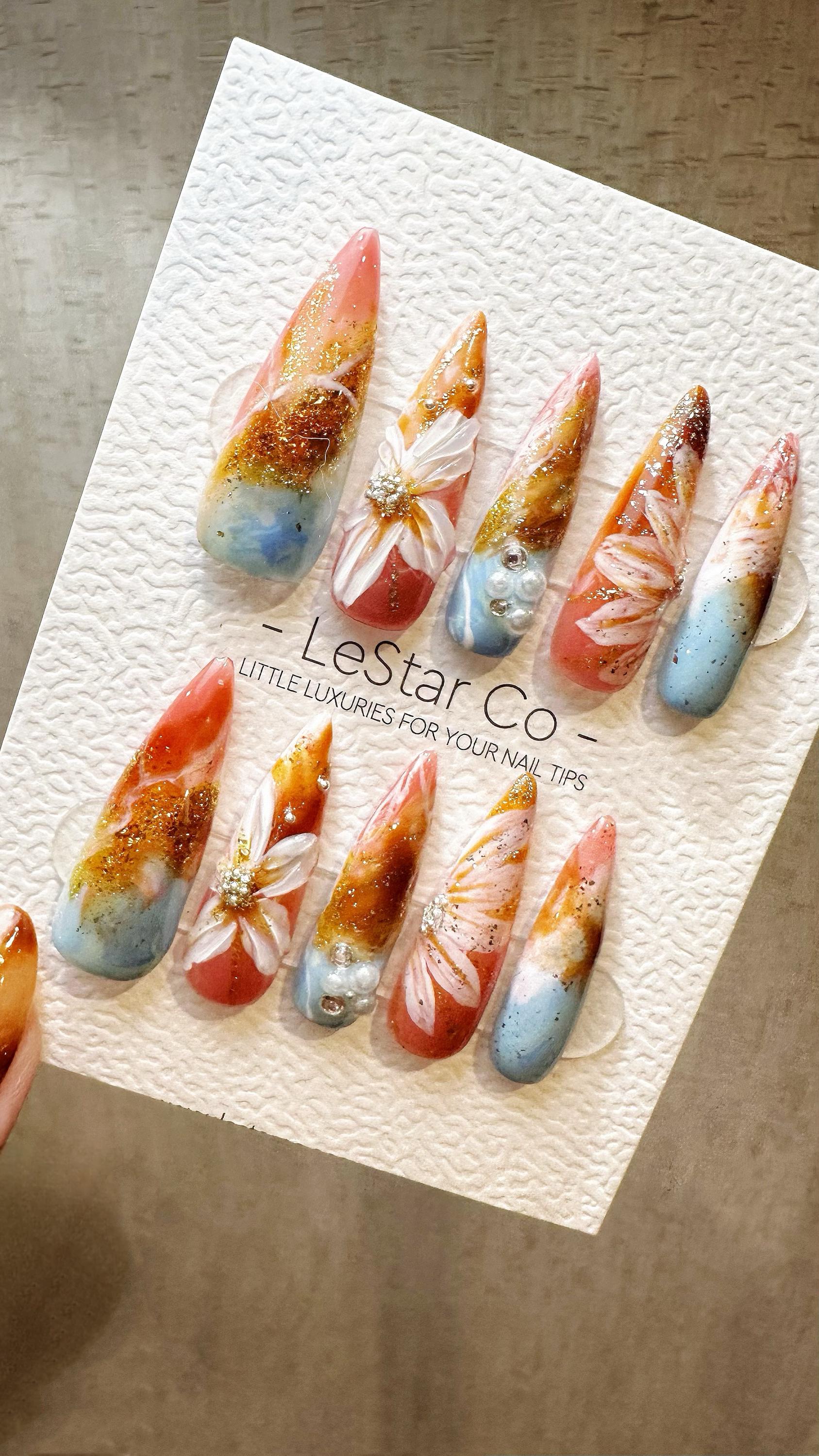 Reusable Coastal Sunrise| Premium Press on Nails Gel Hand Painted Pressons Customizable Gel Nail Artist faux nails WY824