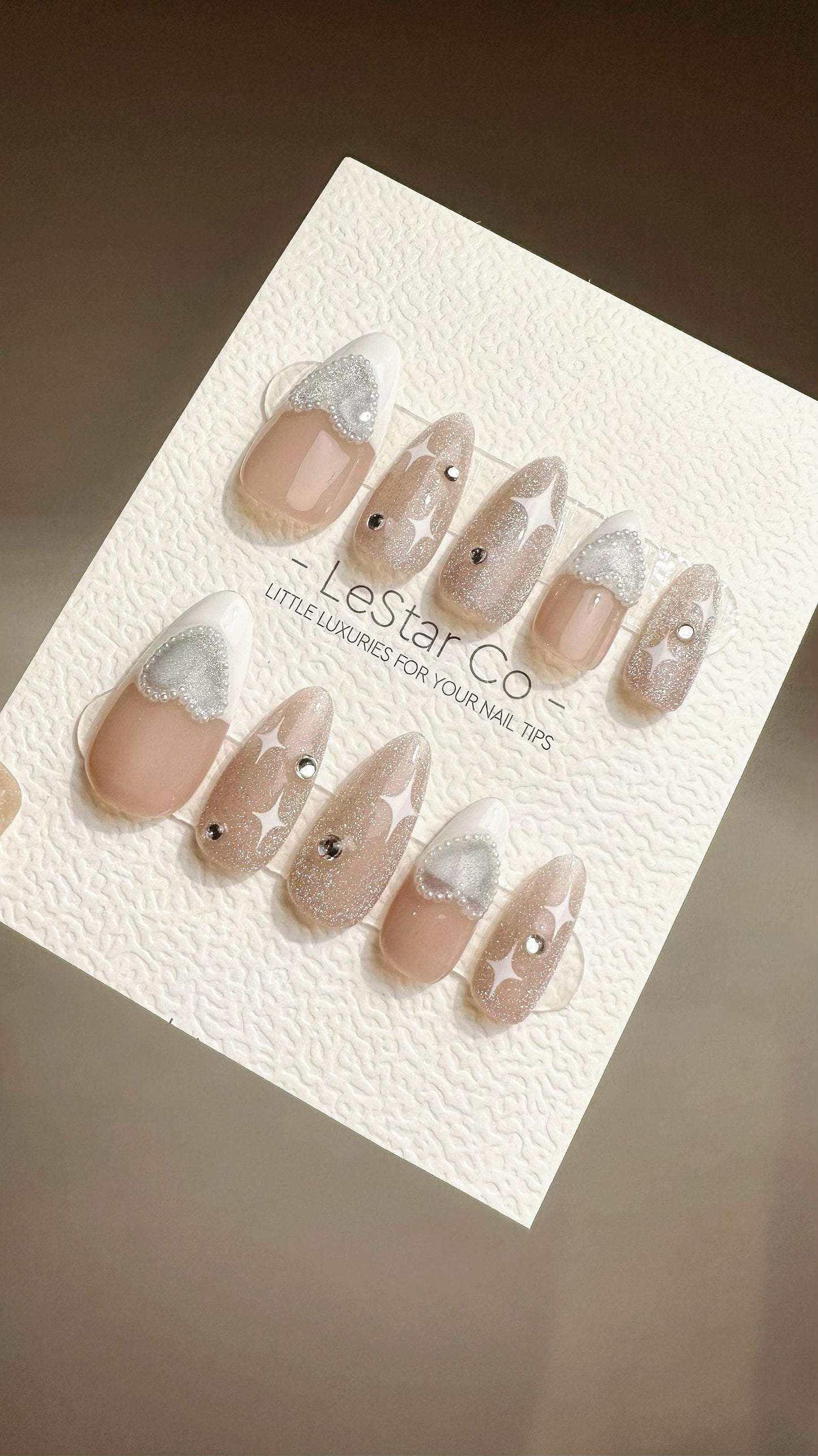 Reusable Starry Heart French Tip with Pearl | Premium Press on Nails Gel | Fake Nails | Handprint Gel Nail Faux Nails TMR784