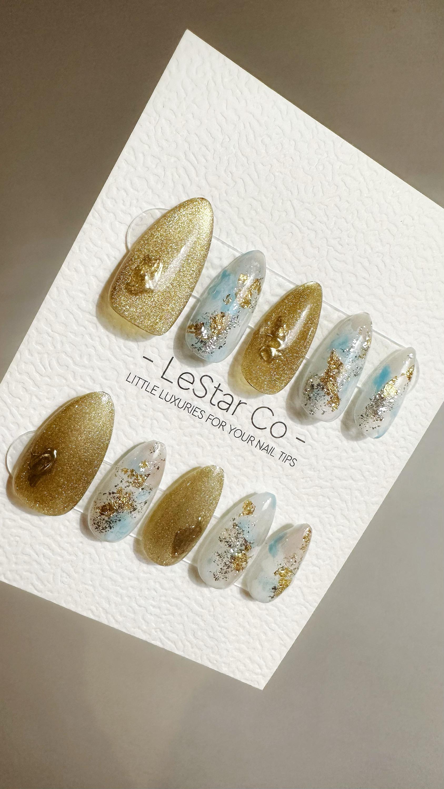 Reusable Golden Luxe Waterscape Cat Eye Effect| Premium Press on Nails Gel Hand Painted Pressons Customizable Gel Nail faux nails TMR786