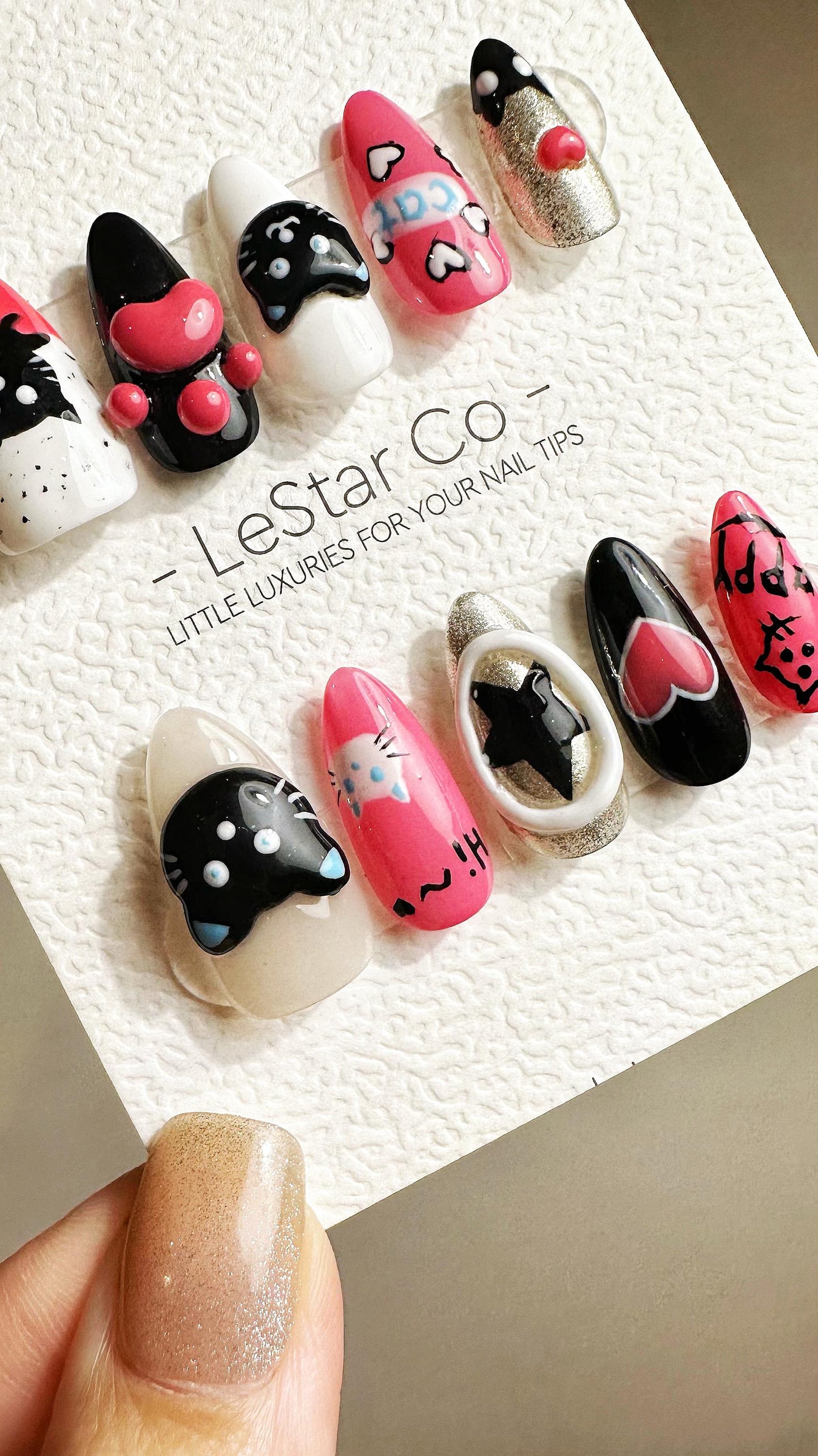 Reusable 3D Whimsical Kitties| Premium Press on Nails Gel Hand Painted Pressons Customizable Gel Nail Artist faux nails YR788