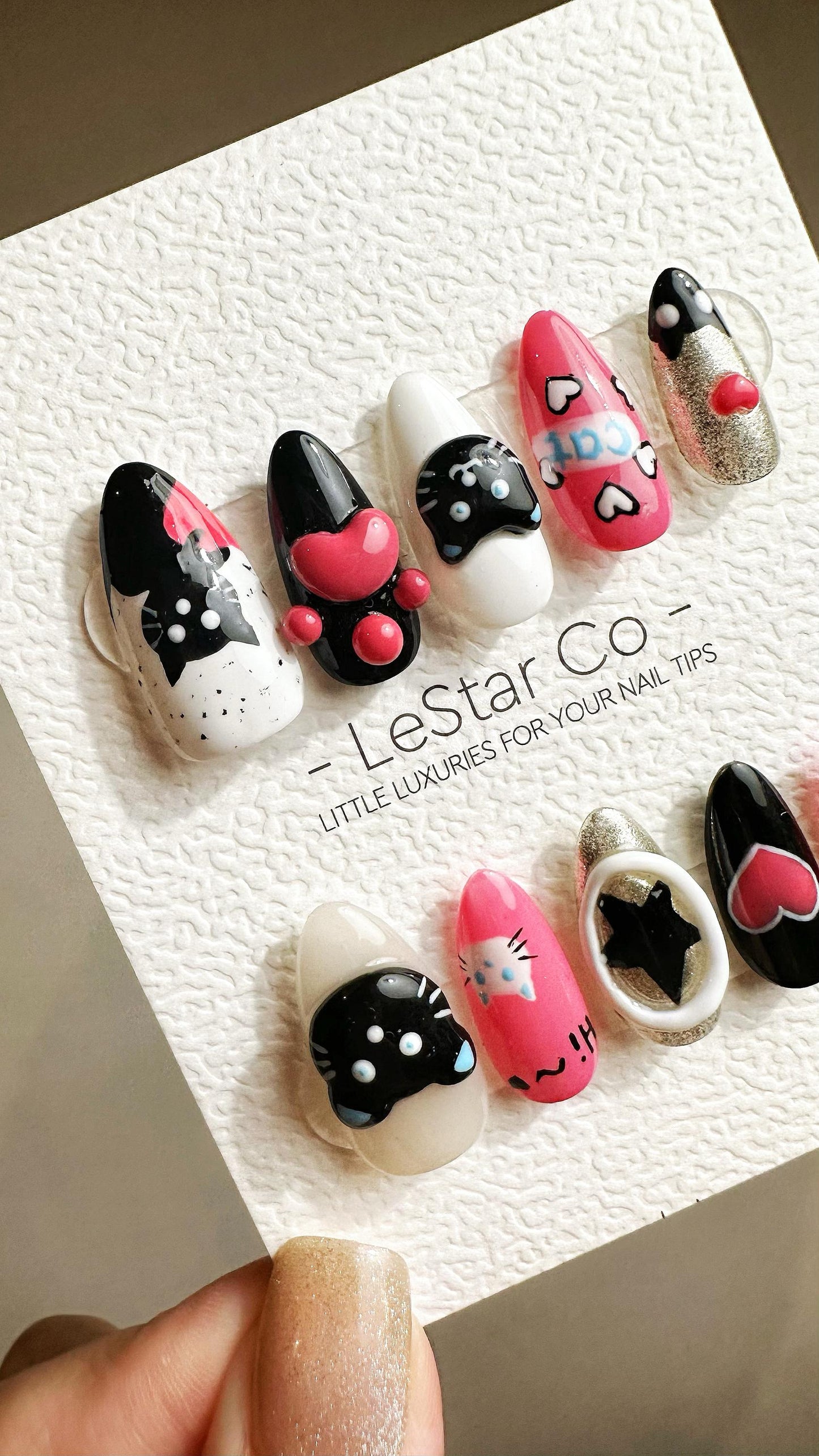 Reusable 3D Whimsical Kitties| Premium Press on Nails Gel Hand Painted Pressons Customizable Gel Nail Artist faux nails YR788