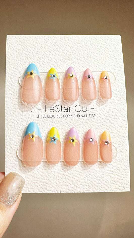 Reusable Pastel Starry Skies French Tip | Premium Press on Nails Gel | Fake Nails | Handprint Gel Nail Faux nails YR789