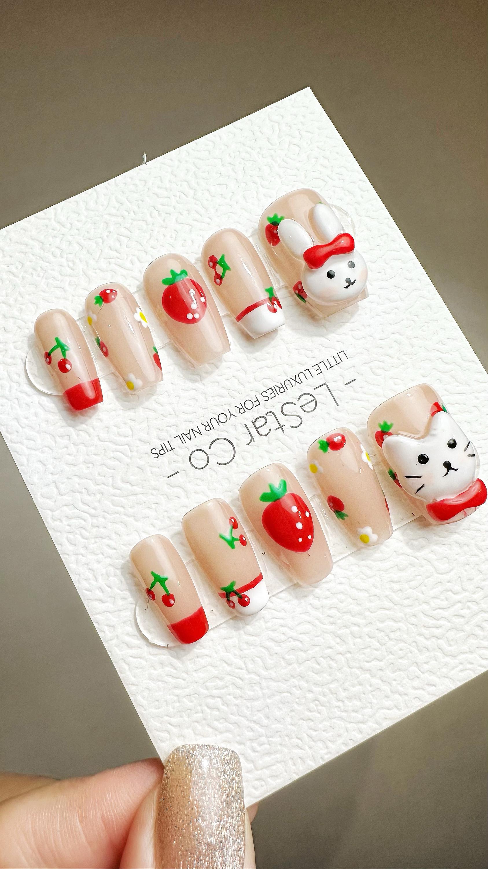 Reusable Strawberry Kitty Bunny| Premium Press on Nails Gel Hand Painted Pressons Customizable Gel Nail Artist faux nails YR792