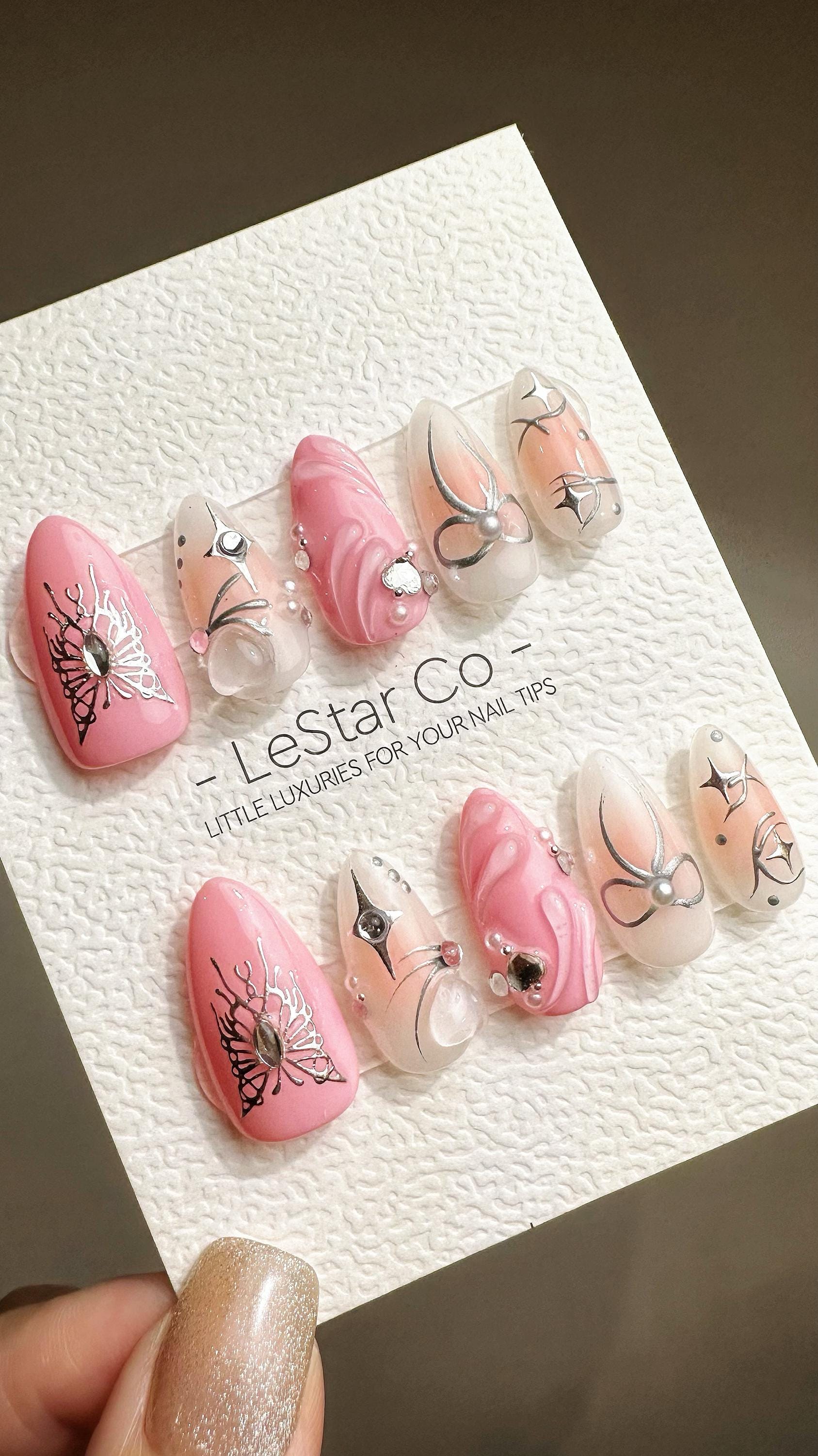 Reusable Pink Butterfly Bliss | Premium Press on Nails Gel Hand Painted Pressons Customizable Gel Nail Artist faux nails ML797