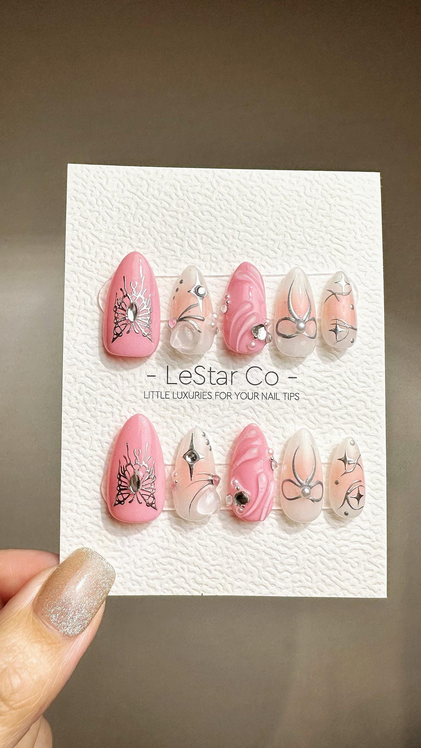 Reusable Pink Butterfly Bliss | Premium Press on Nails Gel Hand Painted Pressons Customizable Gel Nail Artist faux nails ML797