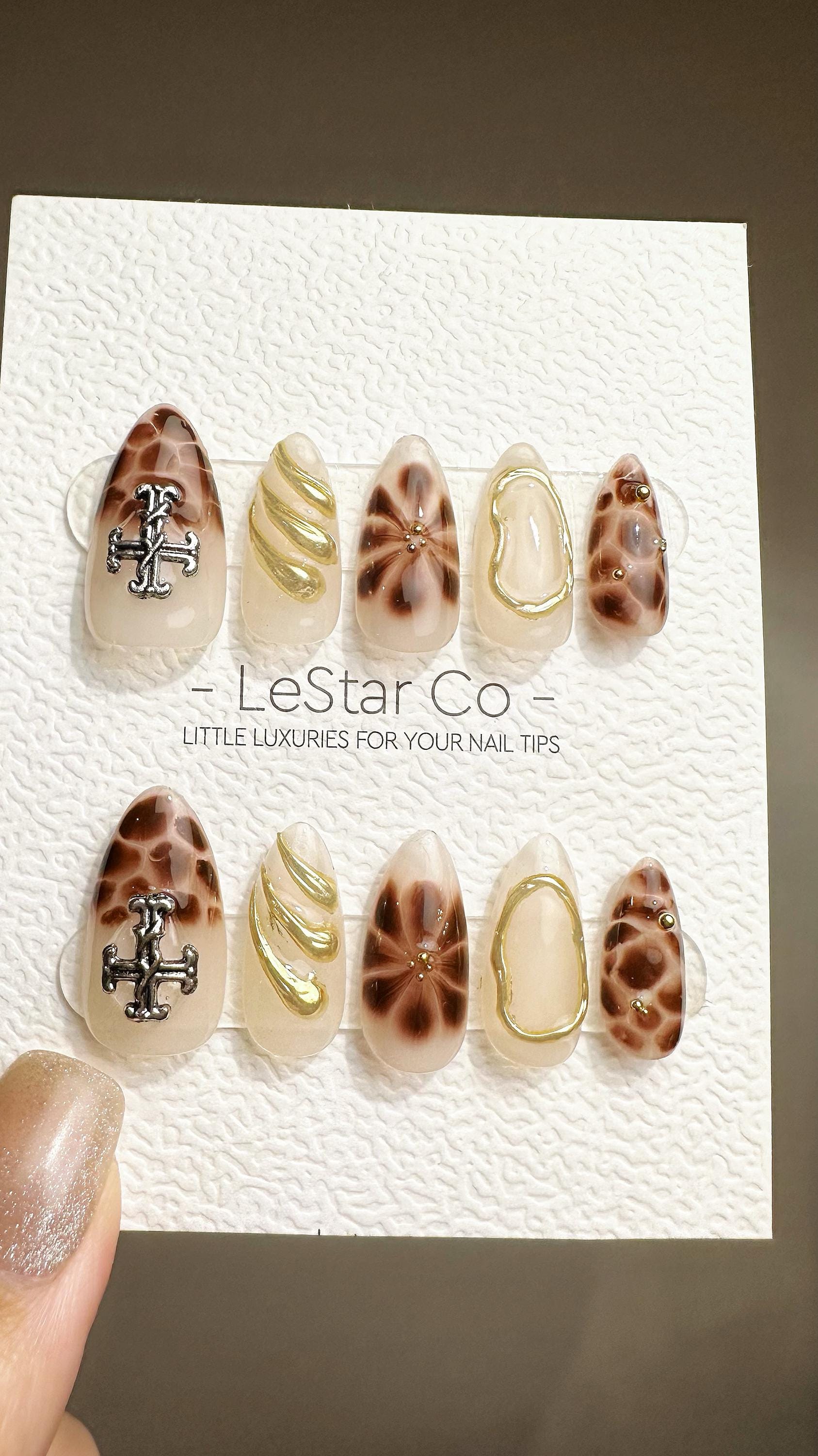 Reusable Earthy Luxe | Premium Press on Nails Gel Hand Painted Pressons Customizable Gel Nail Artist faux nails ML800