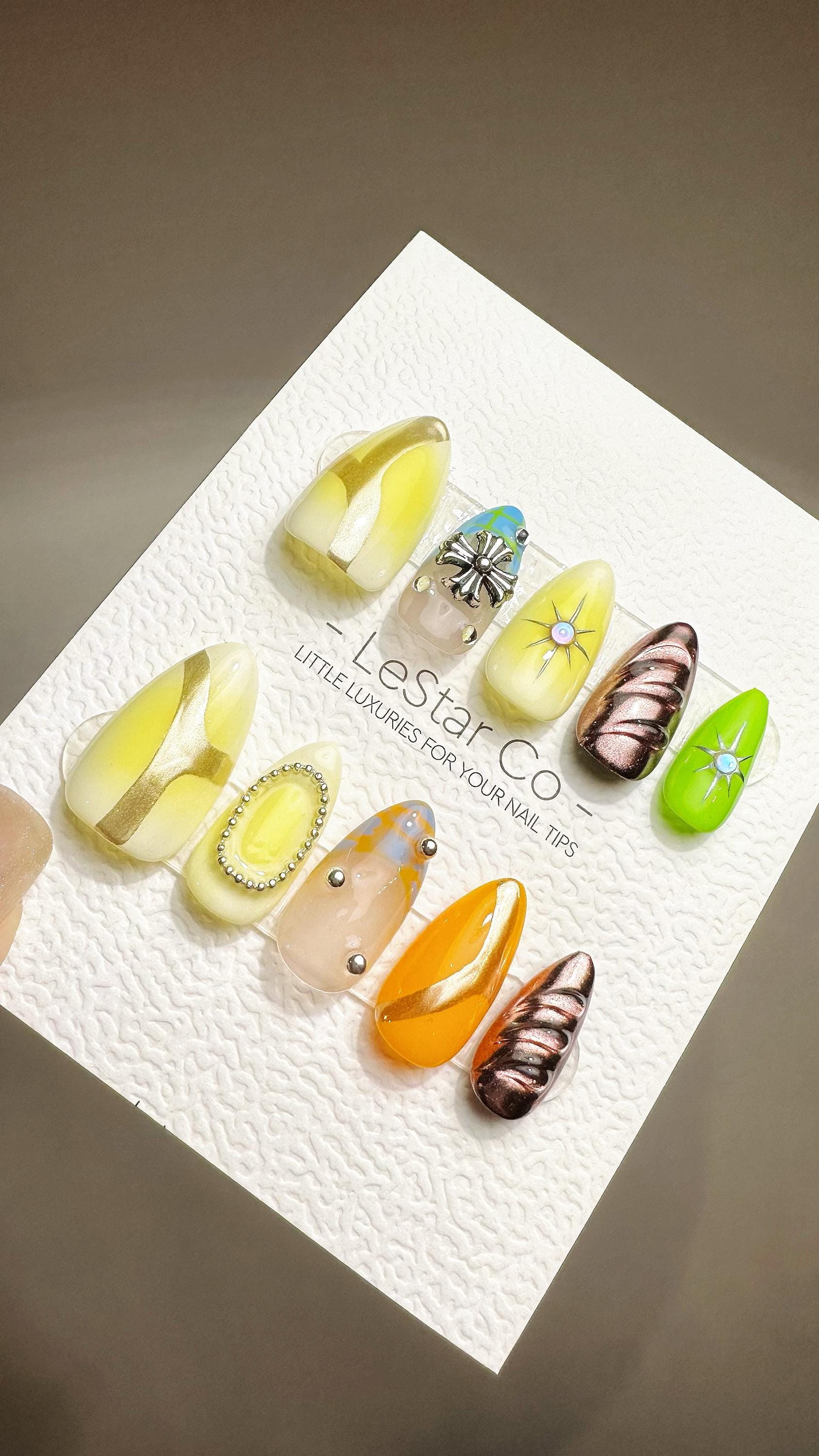 Reusable Tropical Mosaic| Premium Press on Nails Gel Hand Painted Pressons Customizable Gel Nail Artist faux nails ML802