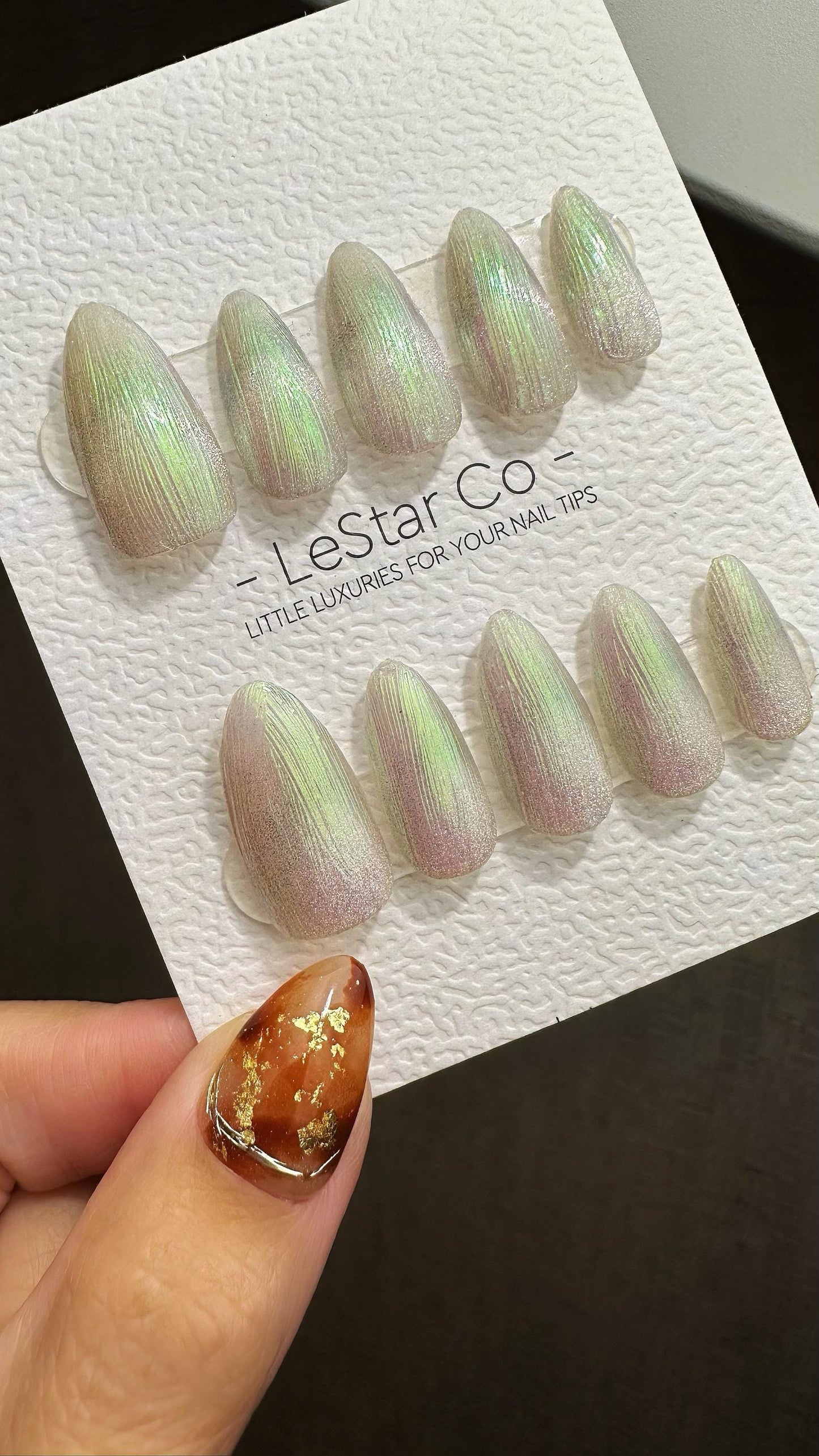 Reusable Green Iridescent Dream | Premium Press on Nails Gel Hand Painted Pressons Customizable Gel Nail Artist faux nails ML803