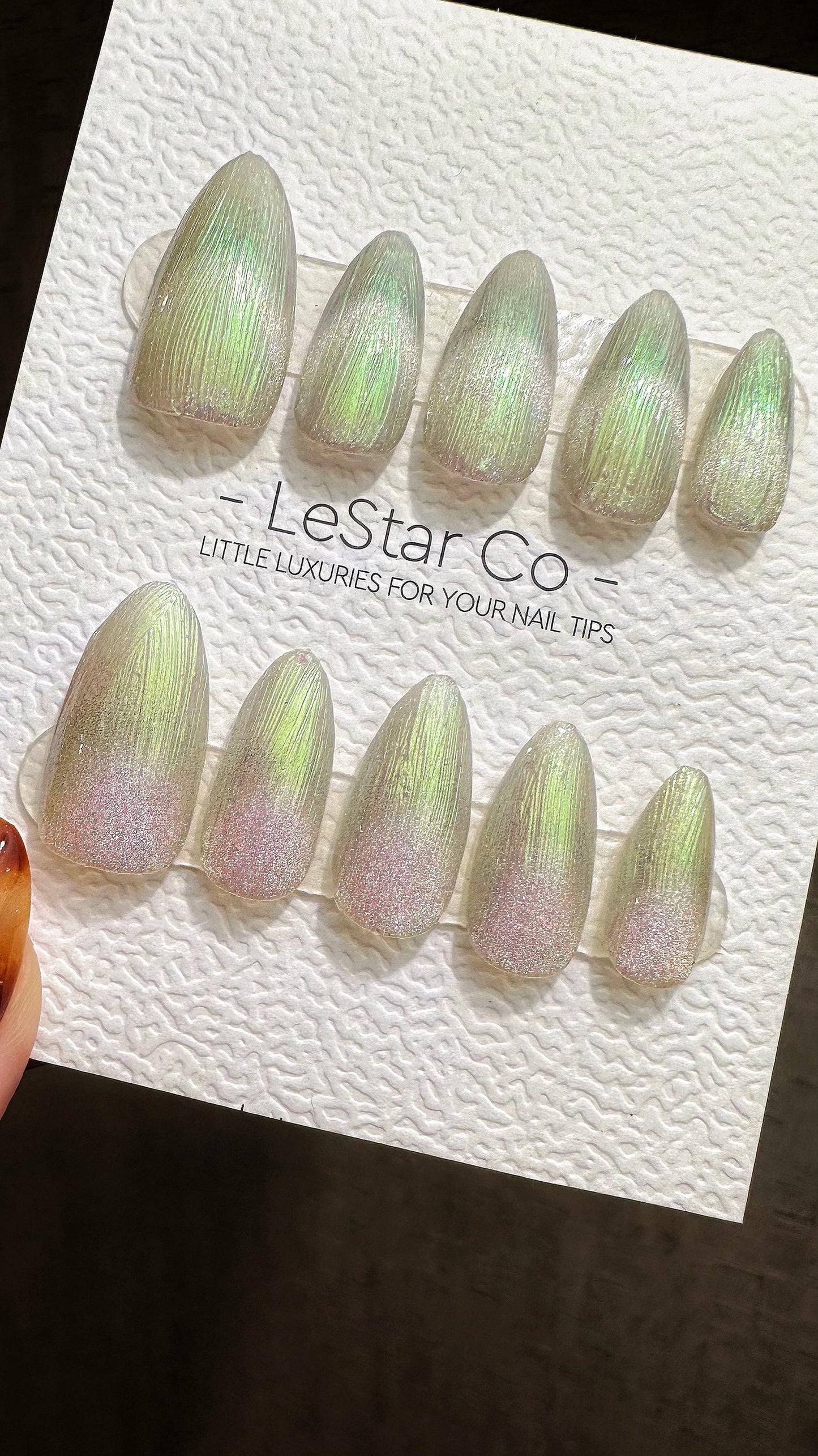 Reusable Green Iridescent Dream | Premium Press on Nails Gel Hand Painted Pressons Customizable Gel Nail Artist faux nails ML803