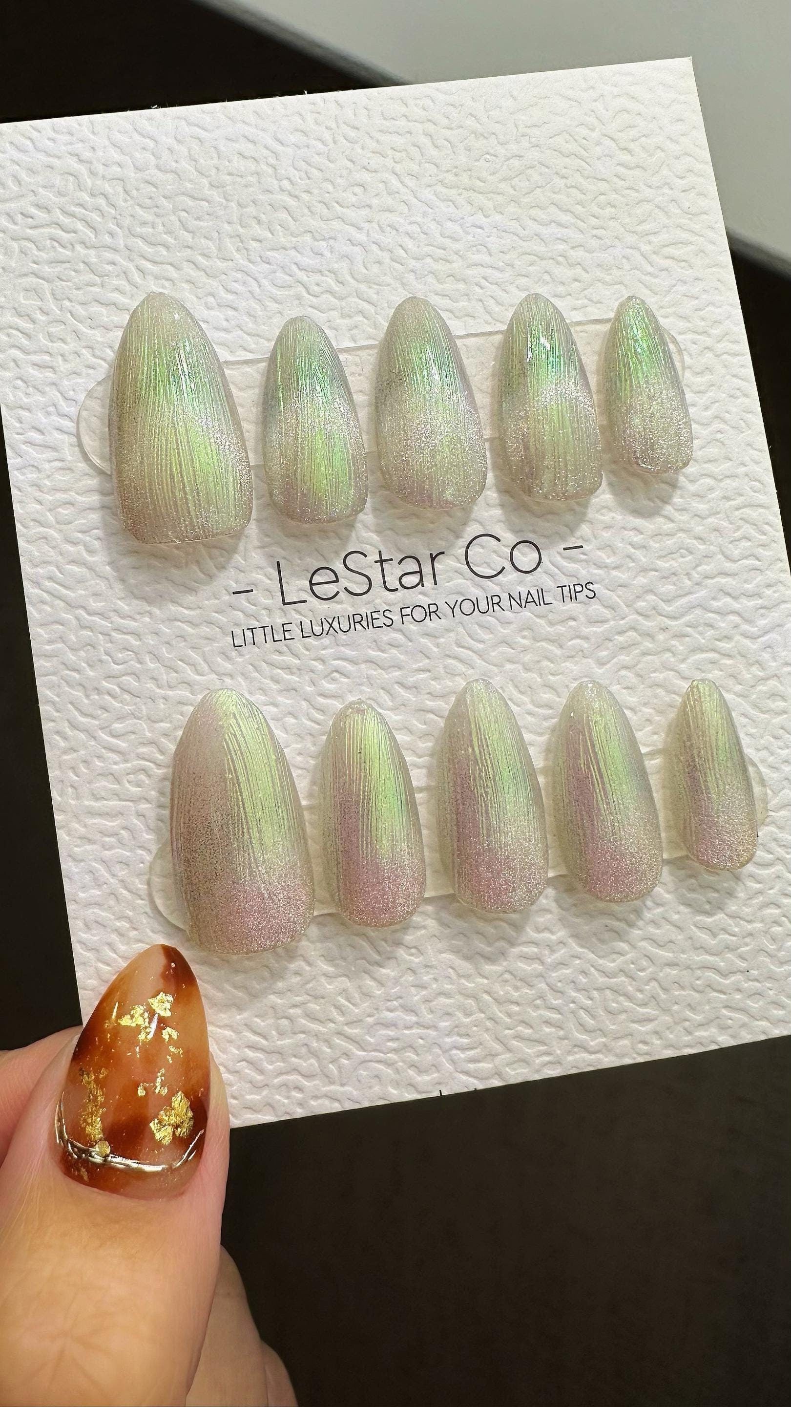 Reusable Green Iridescent Dream | Premium Press on Nails Gel Hand Painted Pressons Customizable Gel Nail Artist faux nails ML803