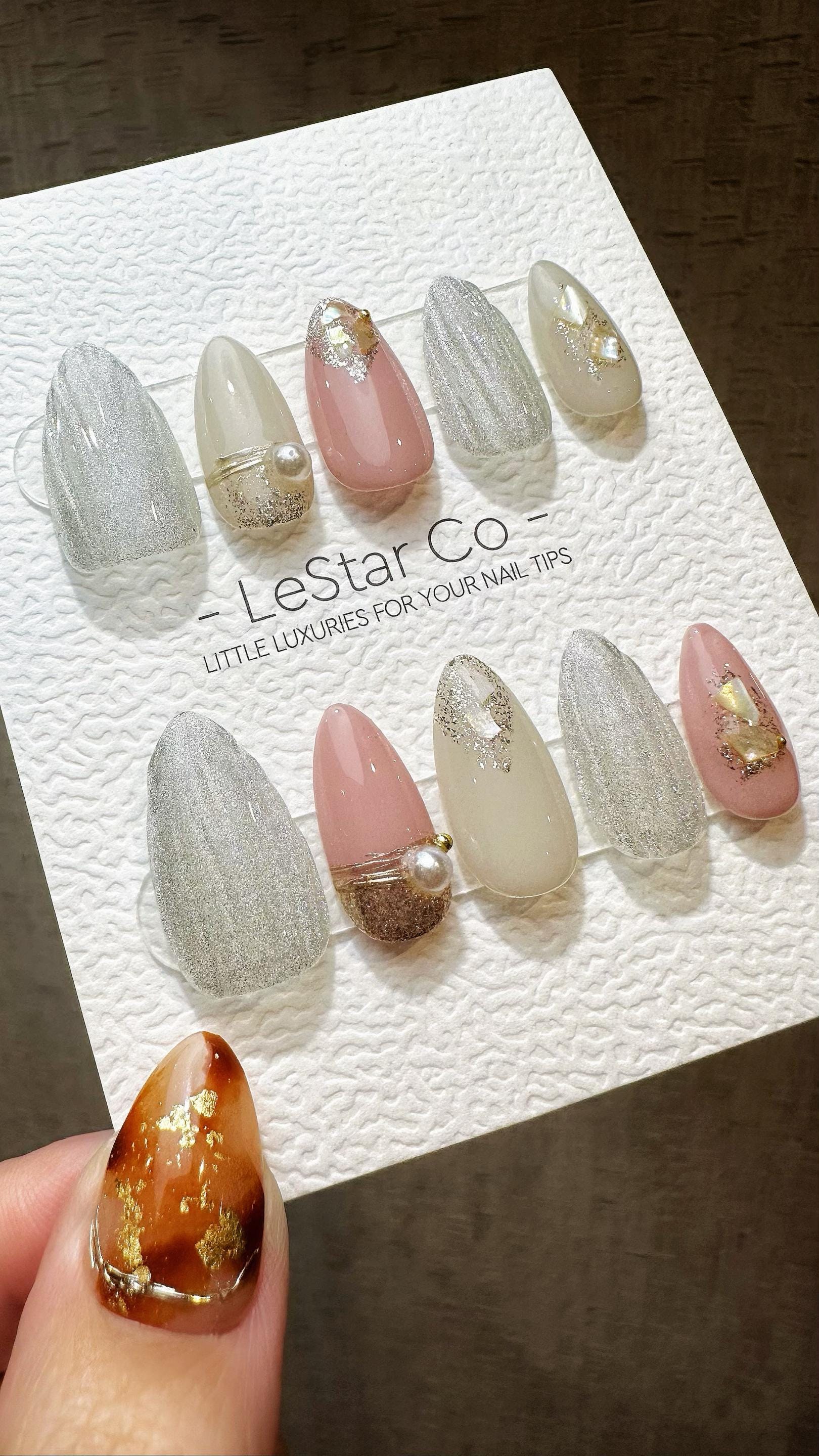 Reusable Pearl Rose Cat Eye Effect | Premium Press on Nails Gel Hand Painted Pressons Customizable Gel Nail Artist faux nails ML806