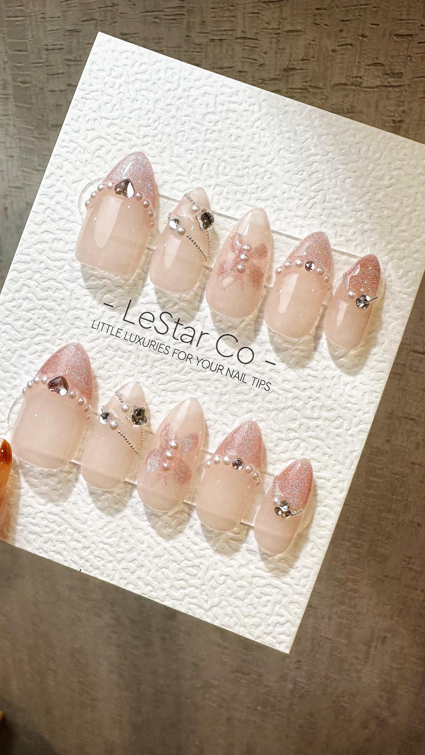 Reusable Sparkling Blushing Cat Eye Effect French Tip| Premium Press on Nails Gel Hand Painted Pressons Customizable Gel Nail ML809