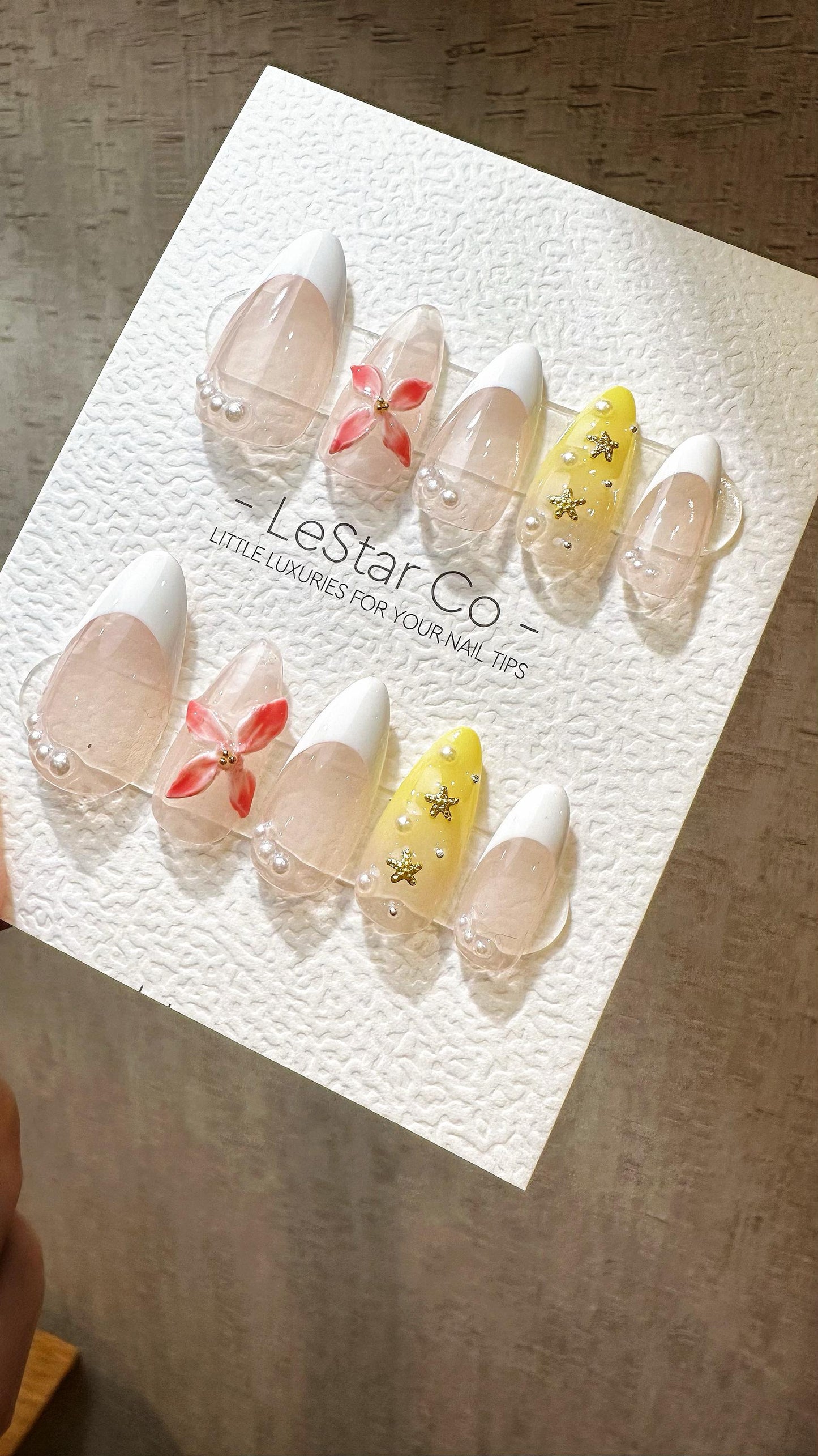 Reusable Sunshine Blossoms French Tip| Premium Press on Nails Gel Hand Painted Pressons Customizable Gel Nail Artist faux nails ML810