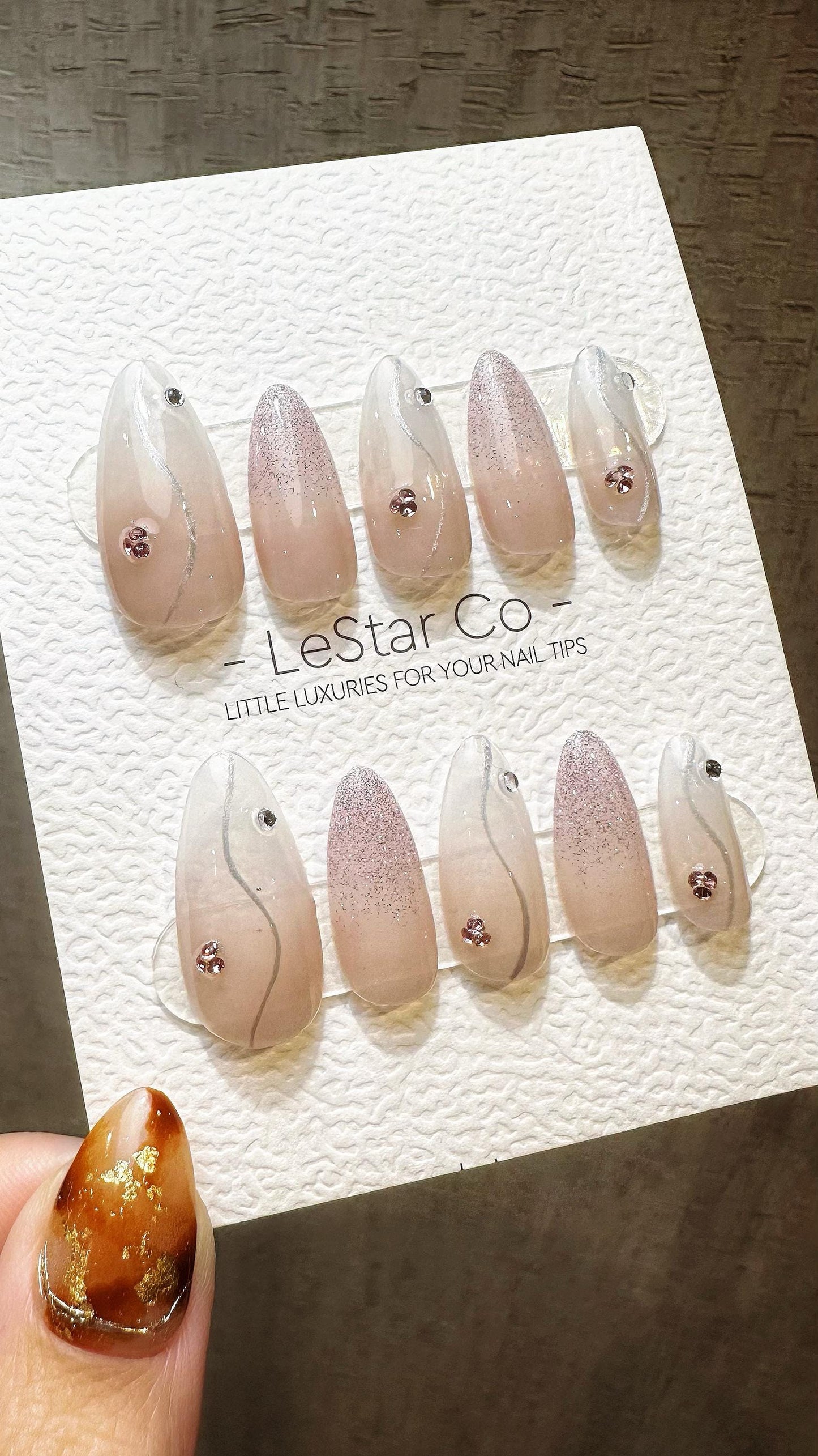 Reusable Rose Quartz| Premium Press on Nails Gel Hand Painted Pressons Customizable Gel Nail Artist faux nails TMR812