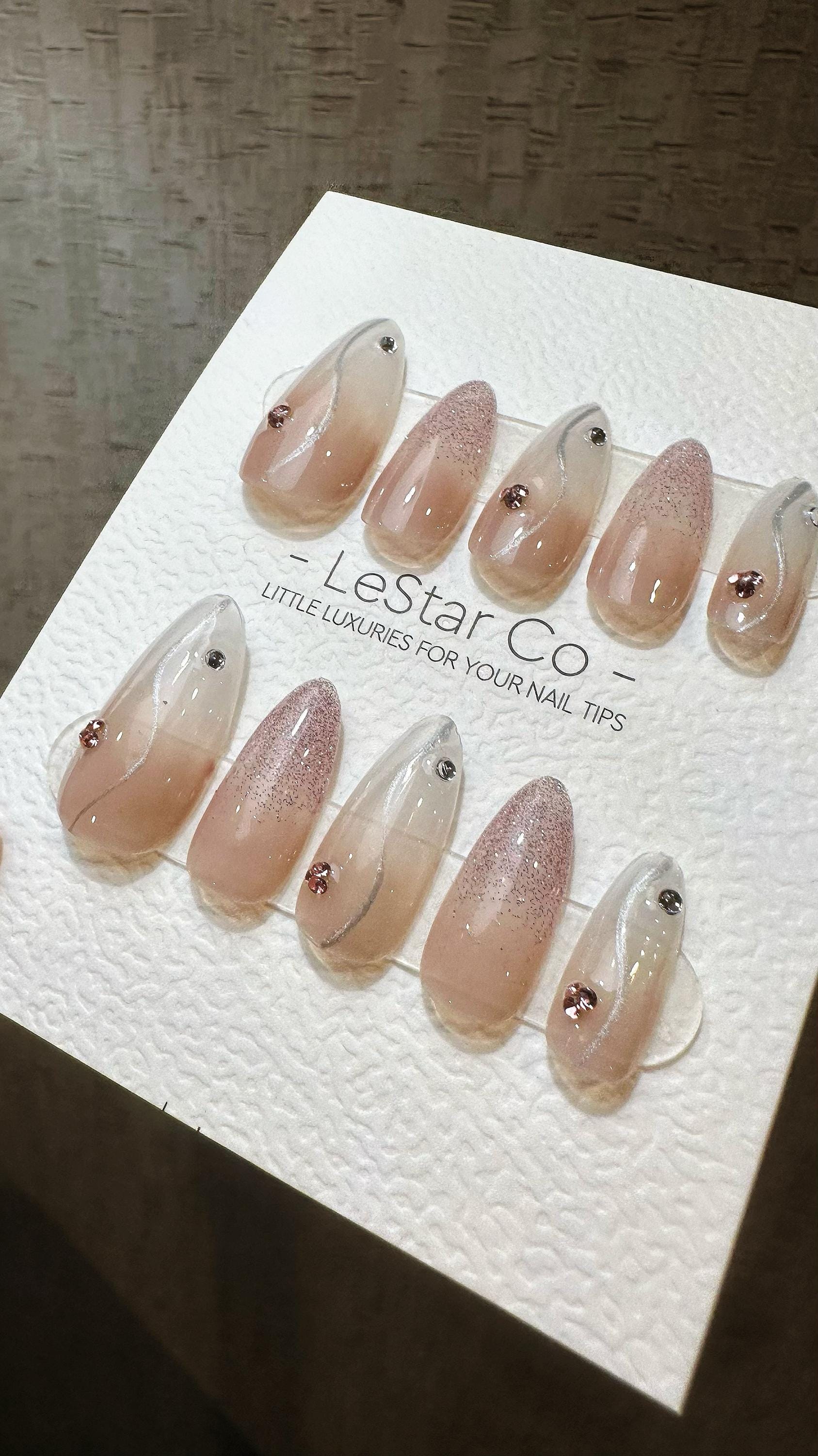 Reusable Rose Quartz| Premium Press on Nails Gel Hand Painted Pressons Customizable Gel Nail Artist faux nails TMR812