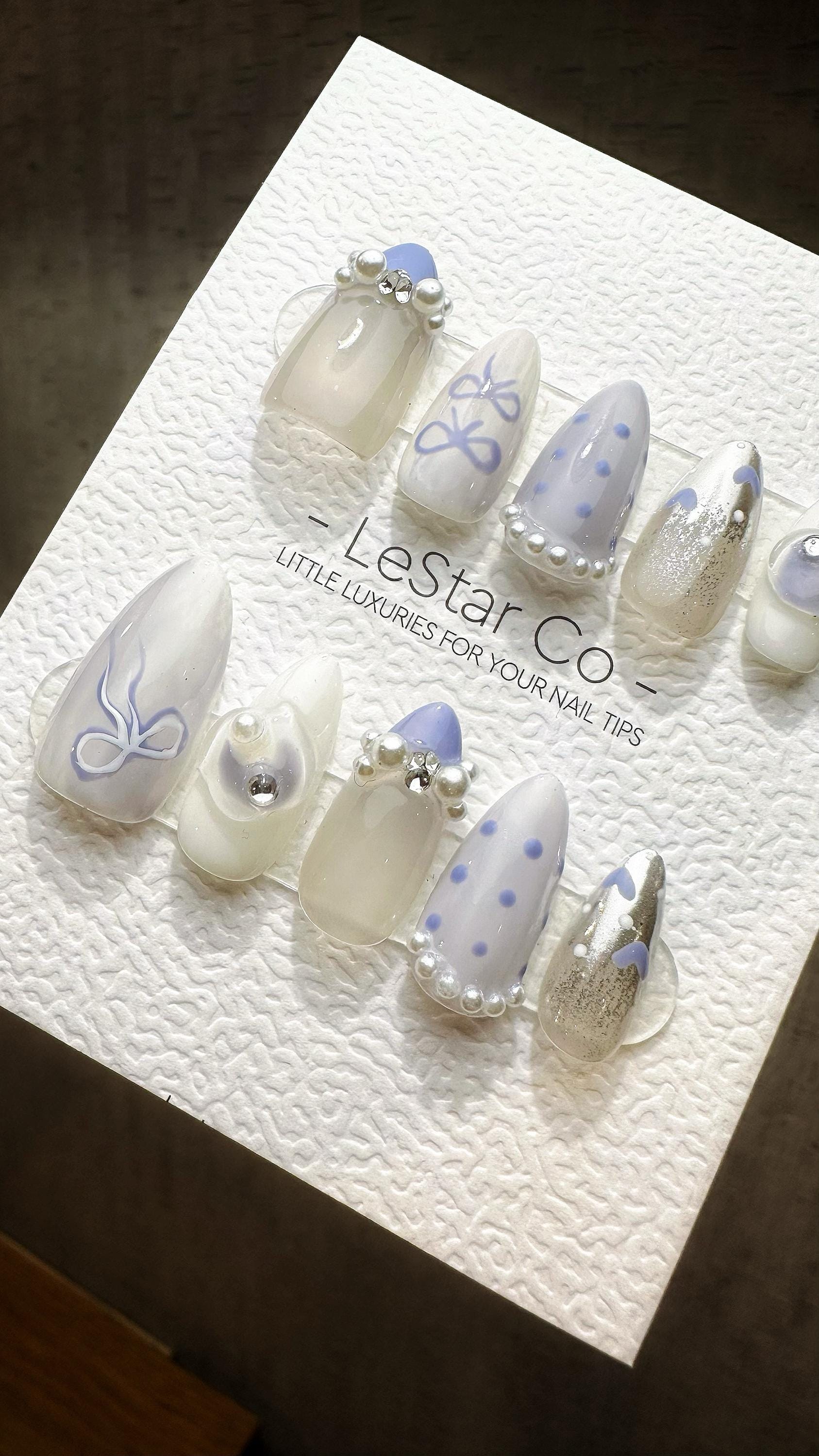 Reusable Lavender Bow Bubbles| Premium Press on Nails Gel Hand Painted Pressons Customizable Gel Nail Artist faux nails TMR815