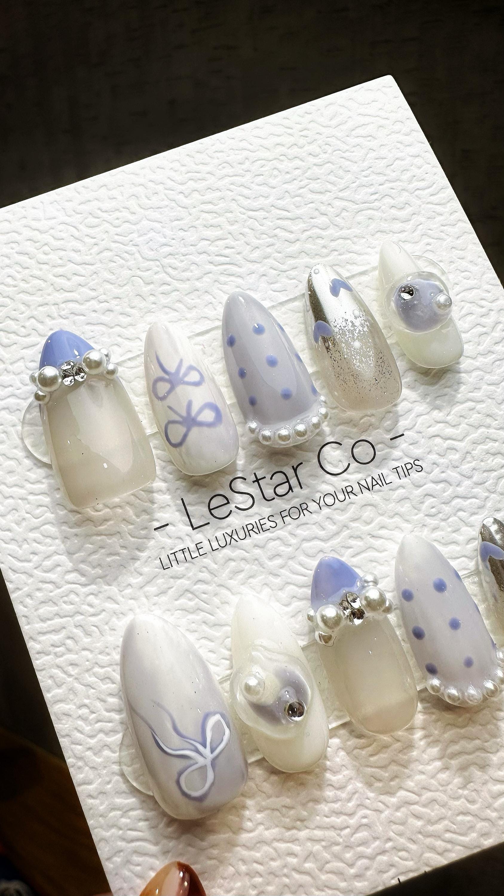 Reusable Lavender Bow Bubbles| Premium Press on Nails Gel Hand Painted Pressons Customizable Gel Nail Artist faux nails TMR815