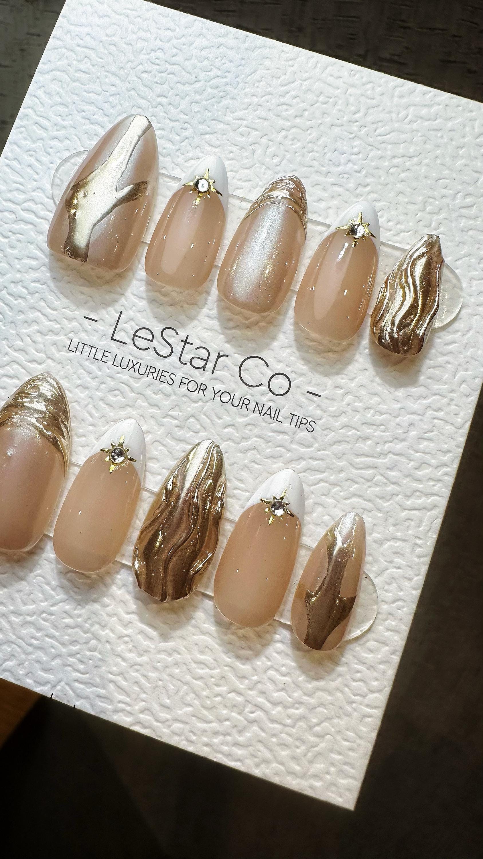 Reusable Golden Mirage| Premium Press on Nails Gel Hand Painted Pressons Customizable Gel Nail Artist faux nails TMR816