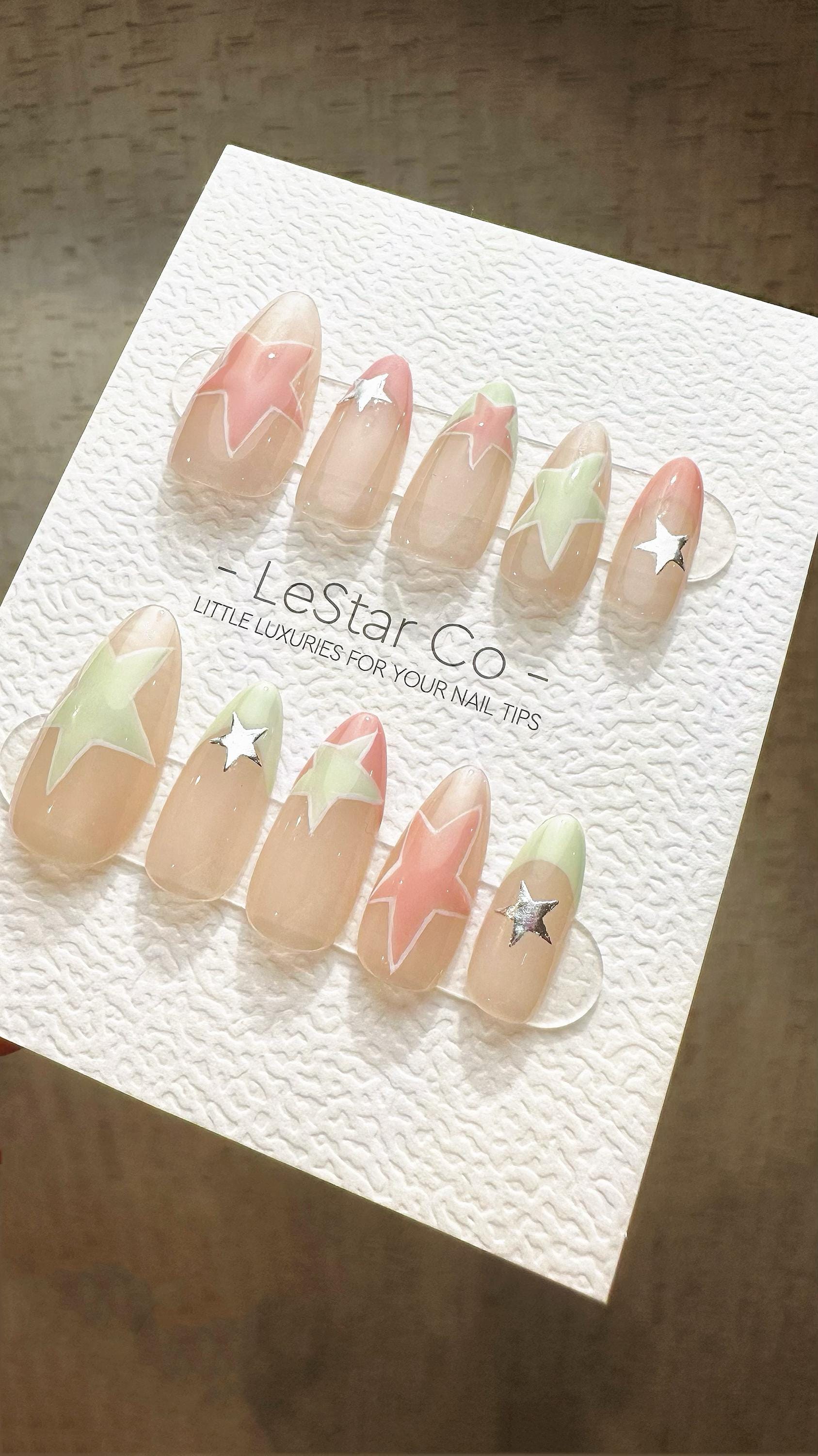 Reusable Mint Pink Stellar| Premium Press on Nails Gel Hand Painted Pressons Customizable Gel Nail Artist faux nails WY820