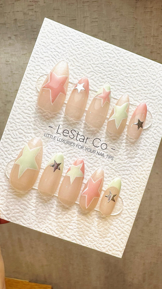 Reusable Mint Pink Stellar| Premium Press on Nails Gel Hand Painted Pressons Customizable Gel Nail Artist faux nails WY820