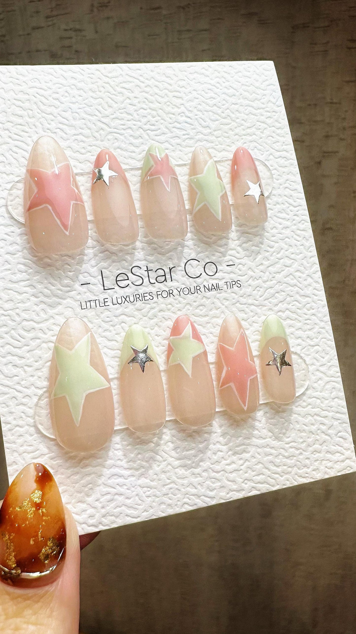 Reusable Mint Pink Stellar| Premium Press on Nails Gel Hand Painted Pressons Customizable Gel Nail Artist faux nails WY820