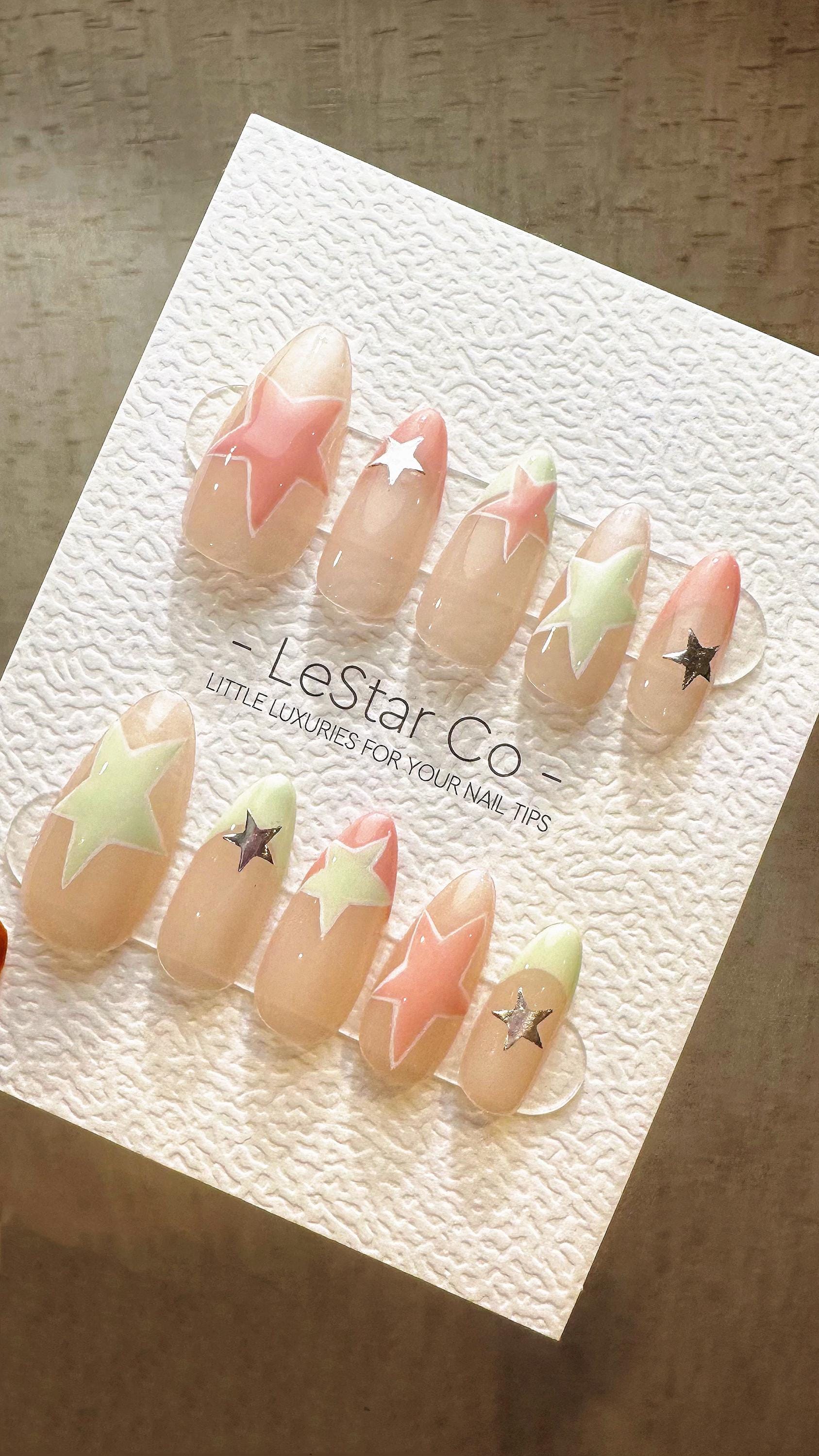 Reusable Mint Pink Stellar| Premium Press on Nails Gel Hand Painted Pressons Customizable Gel Nail Artist faux nails WY820