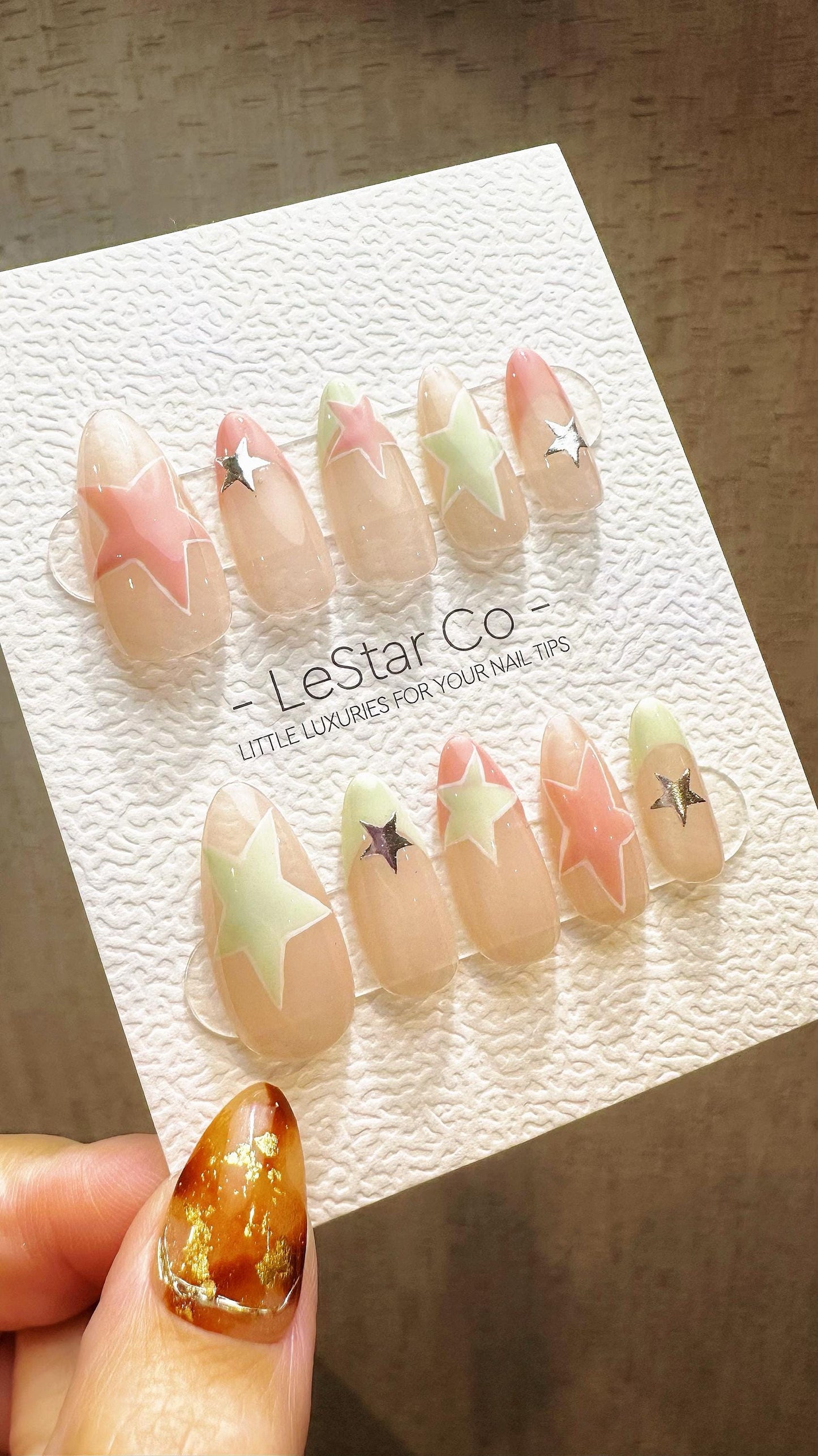 Reusable Mint Pink Stellar| Premium Press on Nails Gel Hand Painted Pressons Customizable Gel Nail Artist faux nails WY820