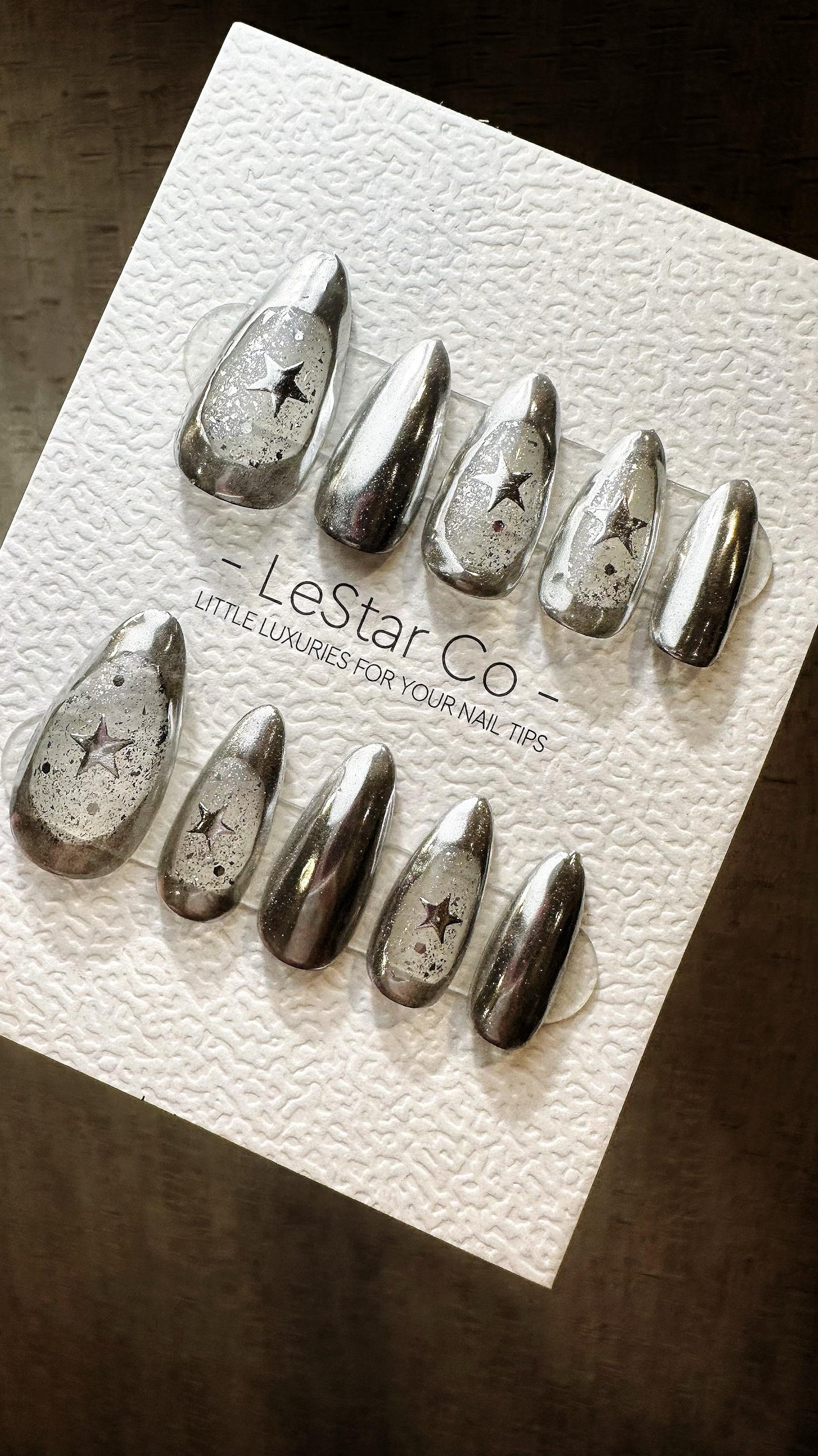 Reusable Metallic Silver Super Star| Premium Press on Nails Gel Hand Painted Pressons Customizable Gel Nail Artist faux nails WY821