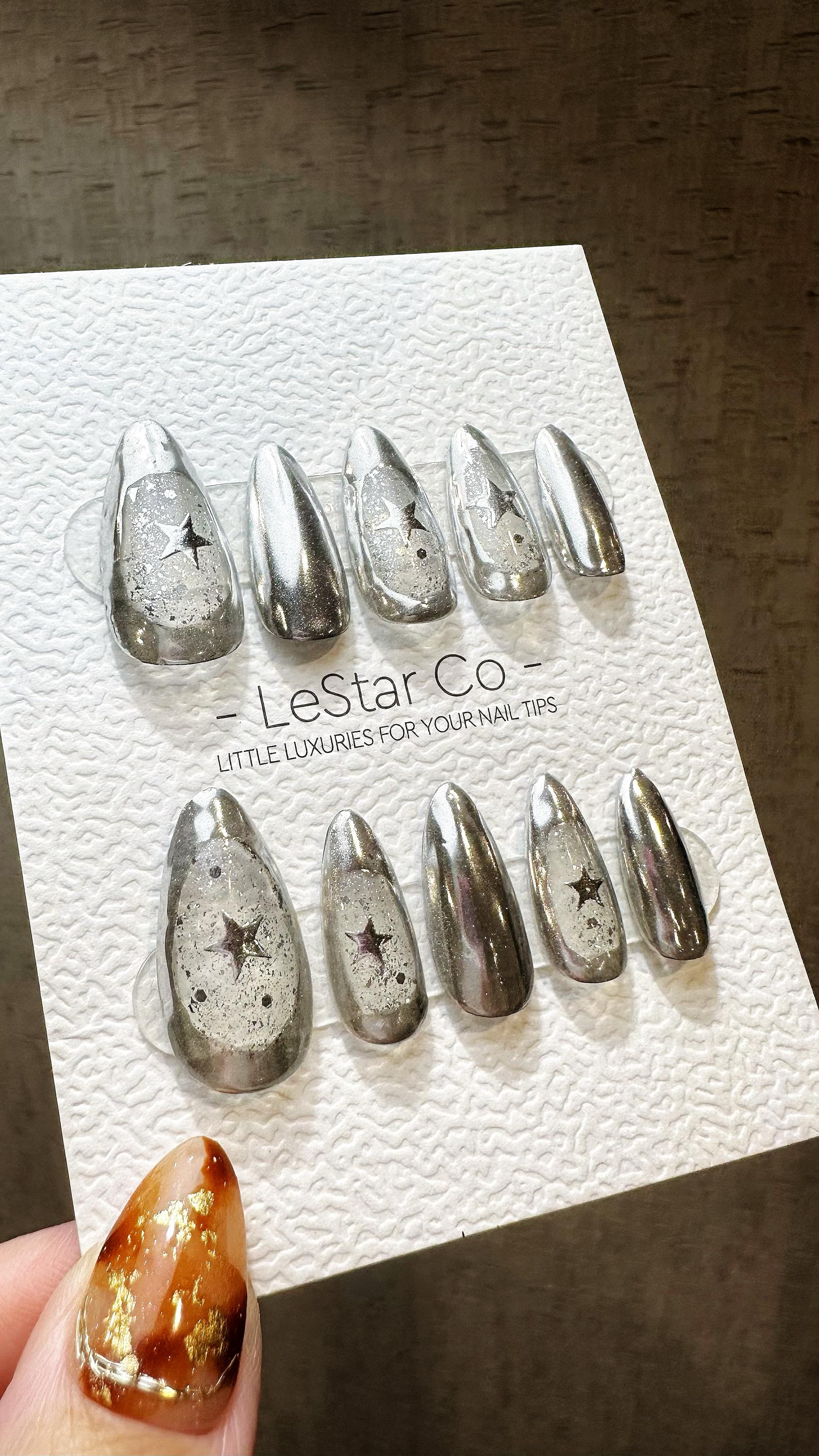 Reusable Metallic Silver Super Star| Premium Press on Nails Gel Hand Painted Pressons Customizable Gel Nail Artist faux nails WY821