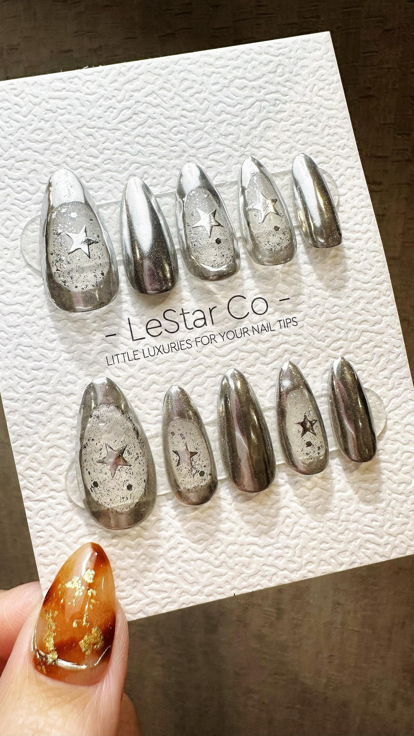 Reusable Metallic Silver Super Star| Premium Press on Nails Gel Hand Painted Pressons Customizable Gel Nail Artist faux nails WY821