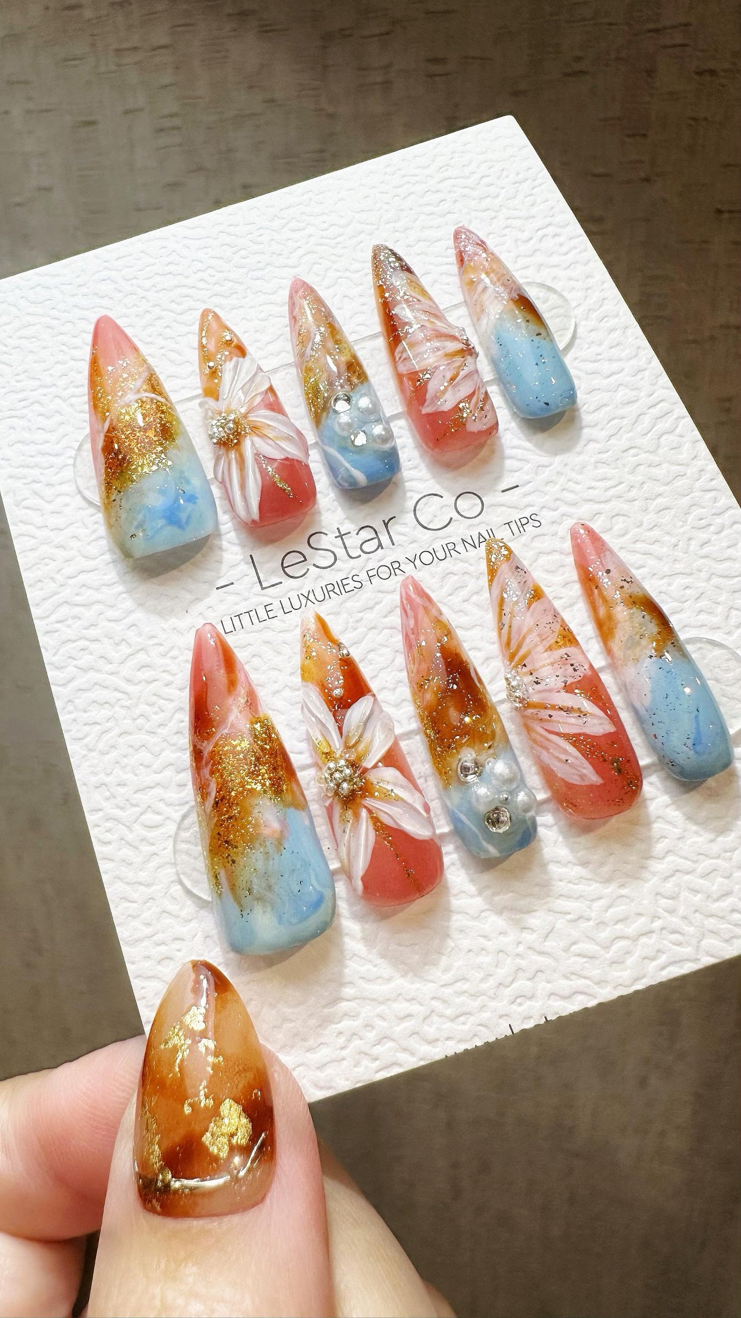 Reusable Coastal Sunrise| Premium Press on Nails Gel Hand Painted Pressons Customizable Gel Nail Artist faux nails WY824