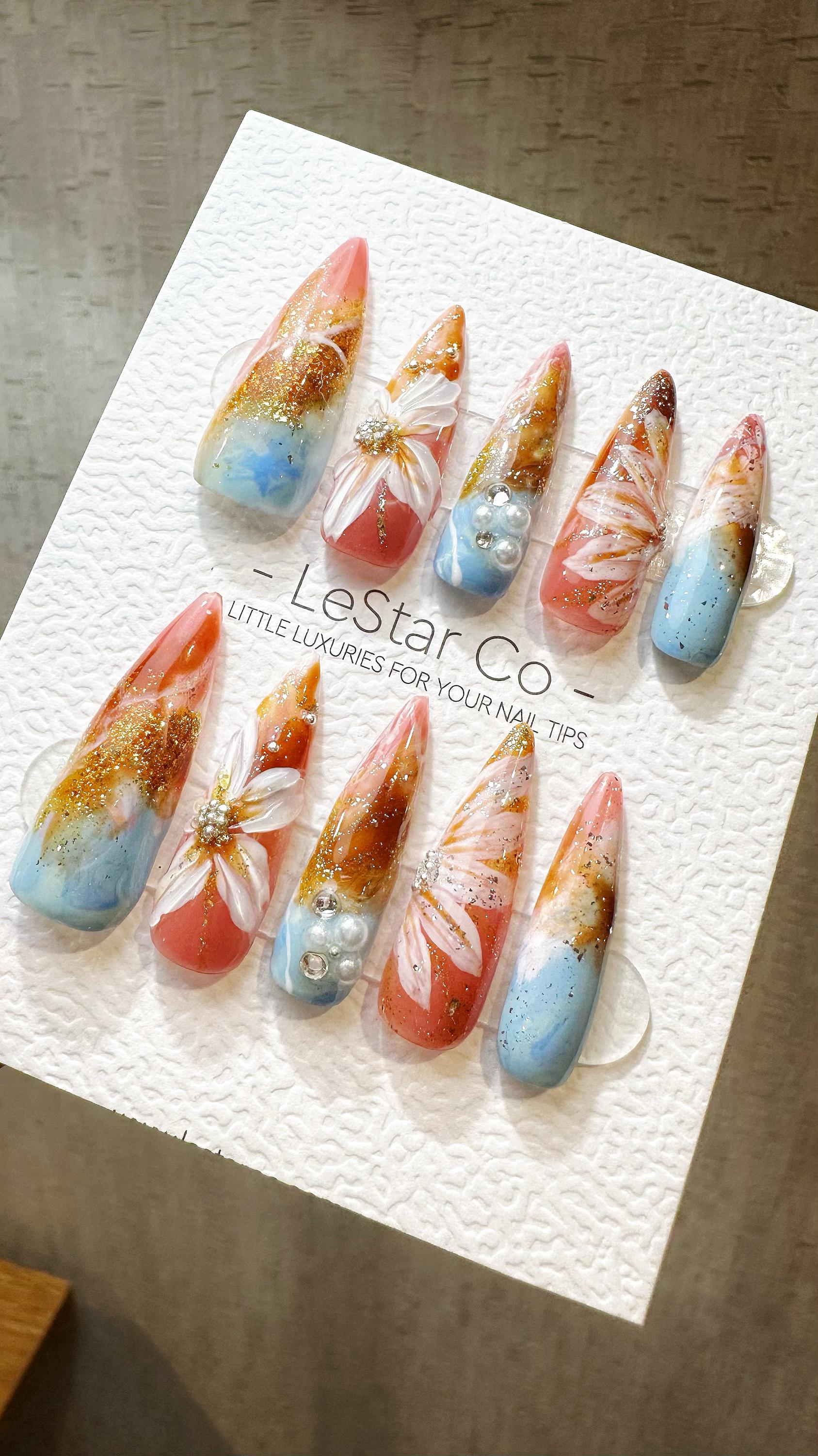 Reusable Coastal Sunrise| Premium Press on Nails Gel Hand Painted Pressons Customizable Gel Nail Artist faux nails WY824