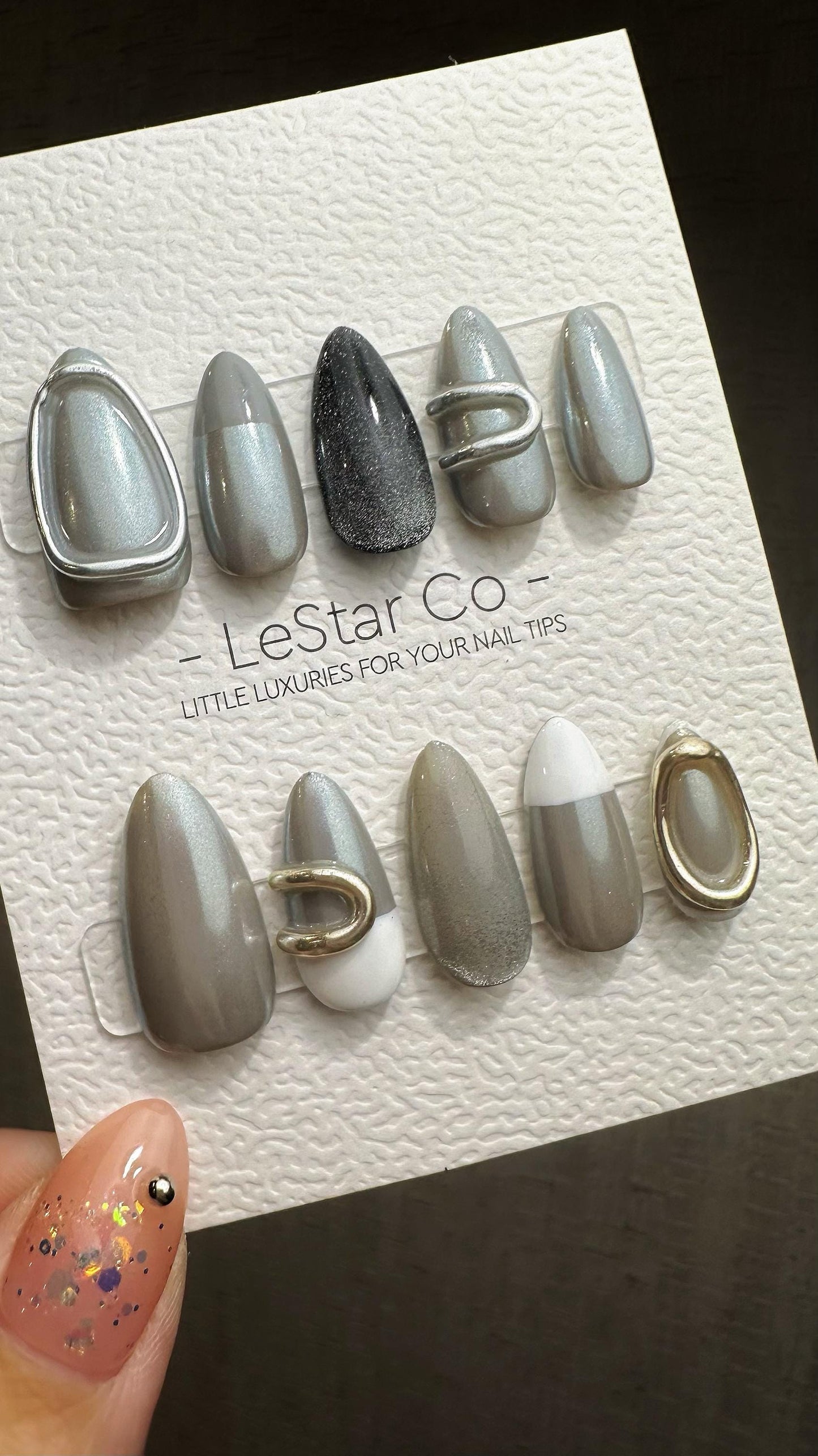 Reusable 3D Moonlit Charcoal Metallic Grey | Premium Press on Nails Gel | Fake Nails | Cute Fun Colorful Gel Nail Artist faux nails TMR827