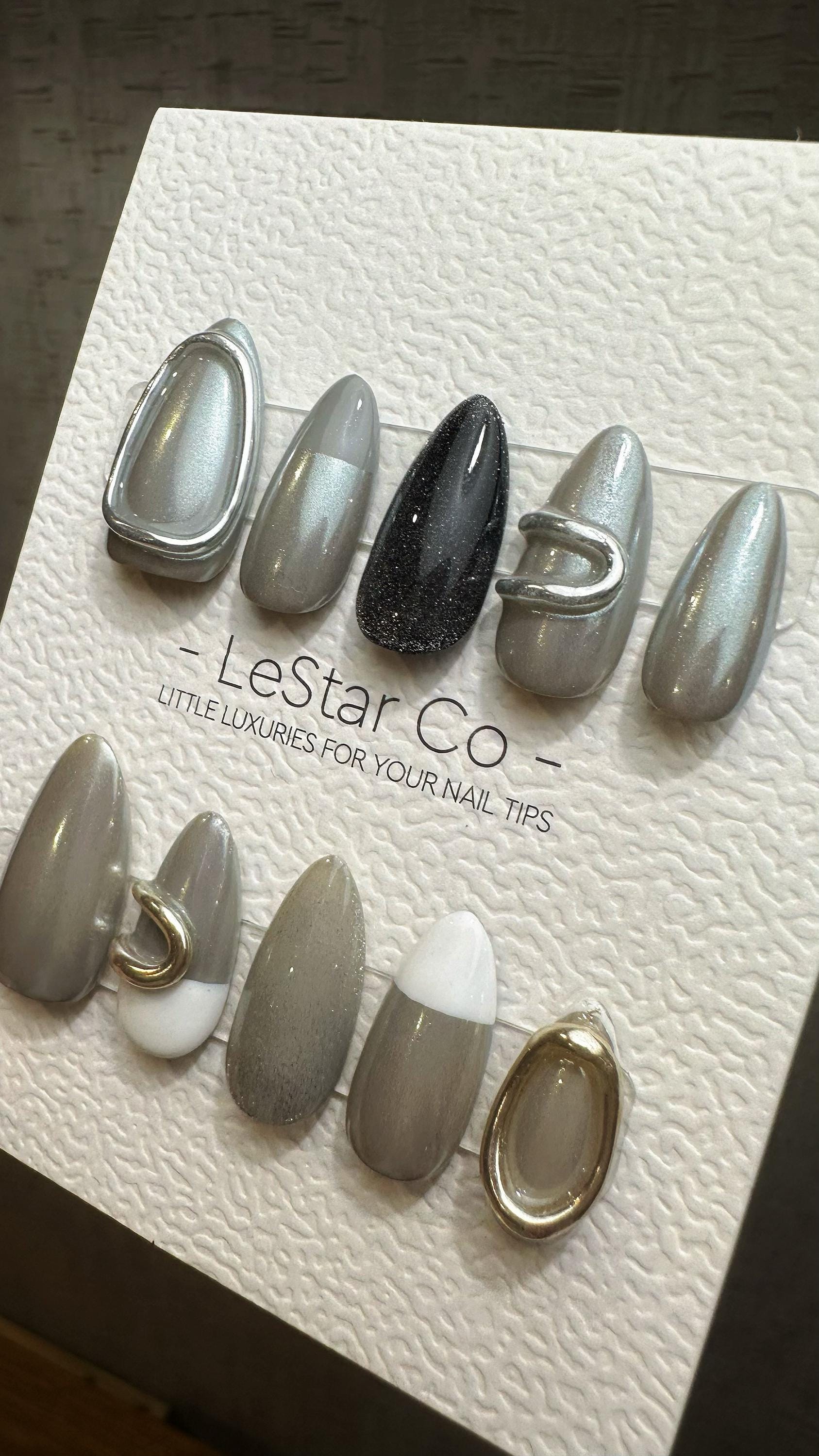 Reusable 3D Moonlit Charcoal Metallic Grey | Premium Press on Nails Gel | Fake Nails | Cute Fun Colorful Gel Nail Artist faux nails TMR827