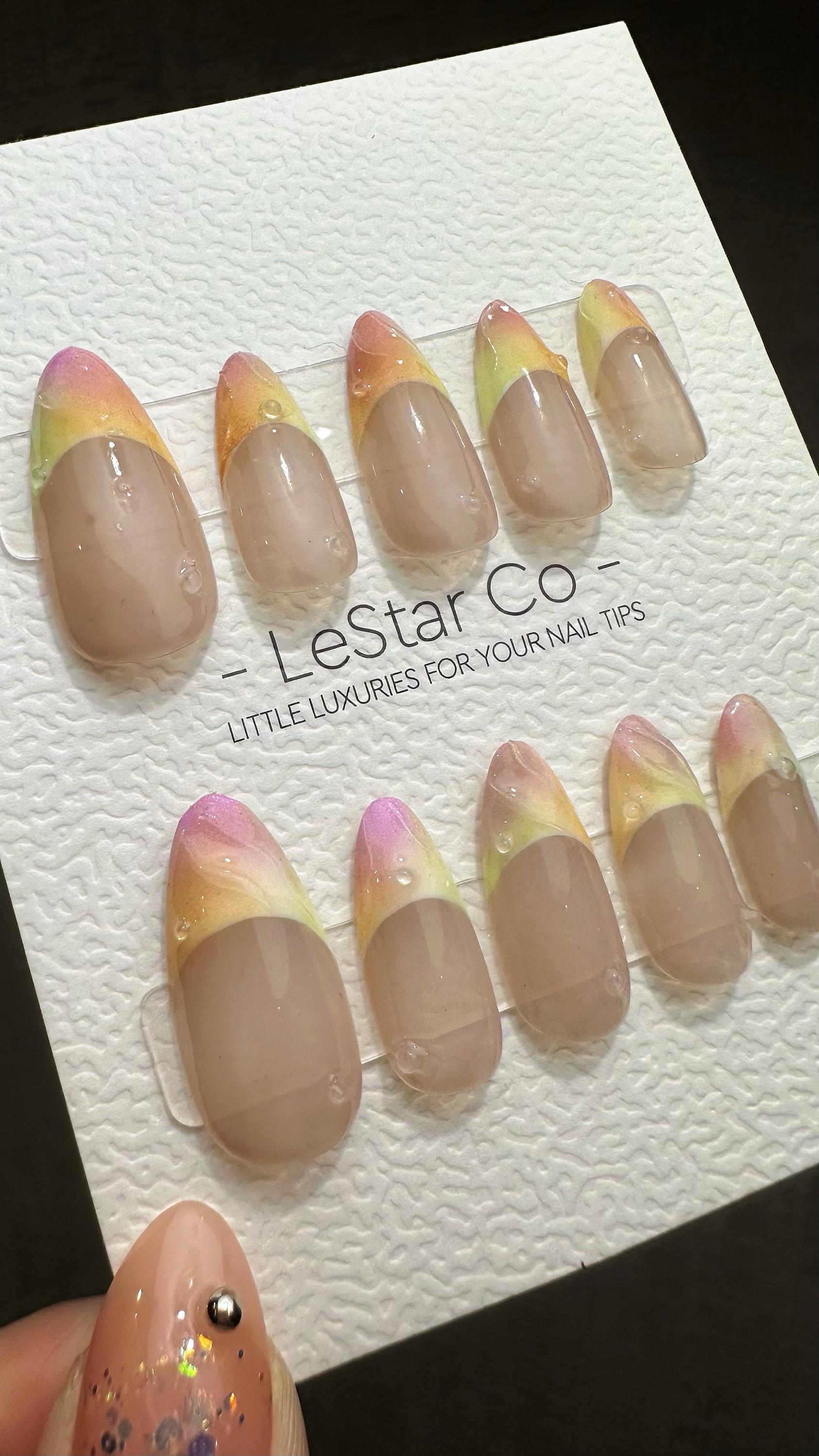 Reusable Iridescent Dawn 3D French Tip Water Drop| Premium Press on Nails Gel | Fake Nails | Cute Fun Colorful Gel Nail Artist TMR830