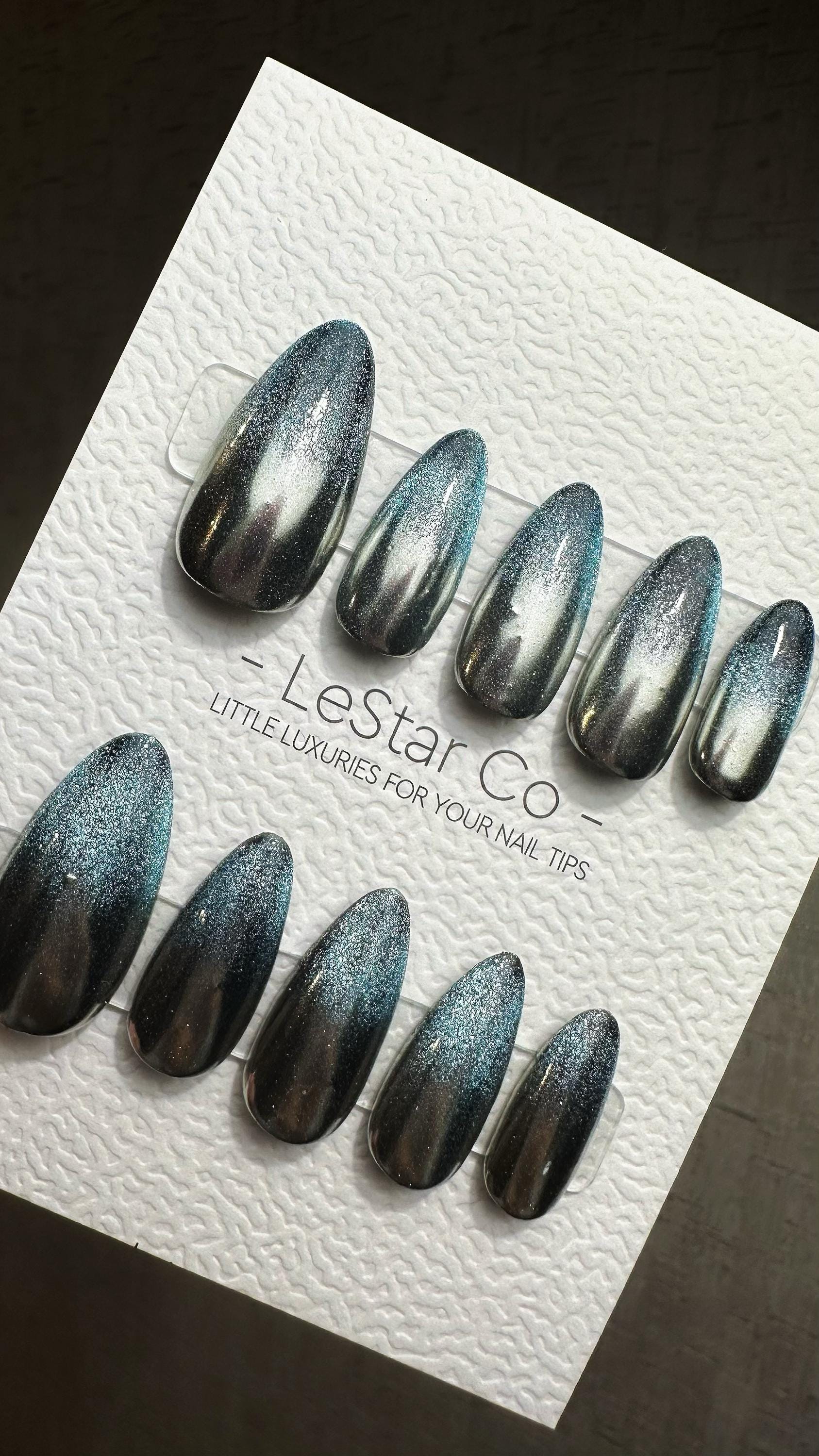 Reusable Meteor Shower Mist Cat Eye Effect |Premium Presson Nails Gel Manicure Hand Painted Pressons Handmade | Lestarco faux nails TMR829